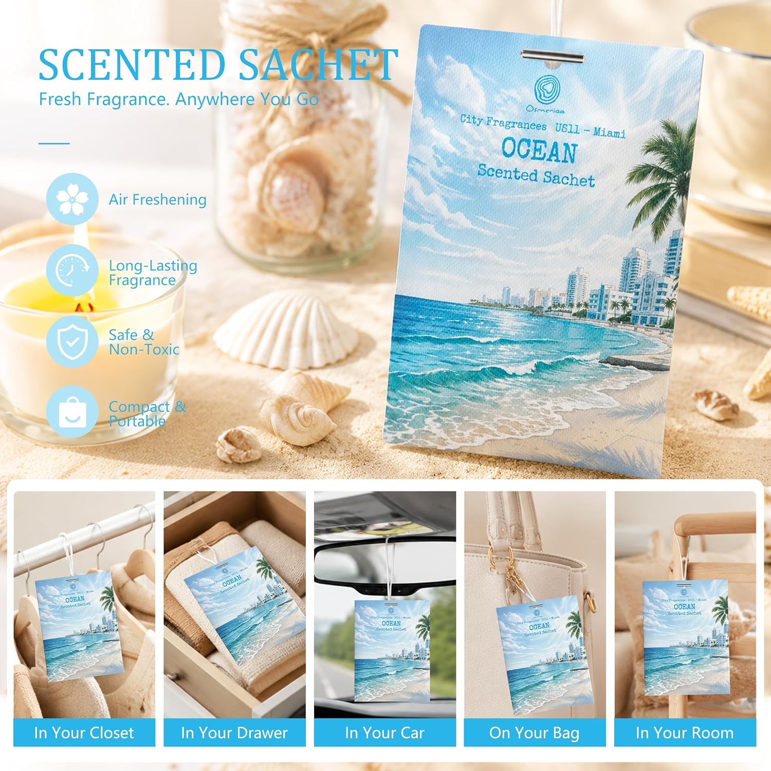 US11-Miami Ocean Scented Sachets for Drawers and Closets, Car Air Freshener Bags, Ocean Closet Freshener and Odor Eliminator for Wardrobe, Dresser, Car and Small Spaces 12 Pack