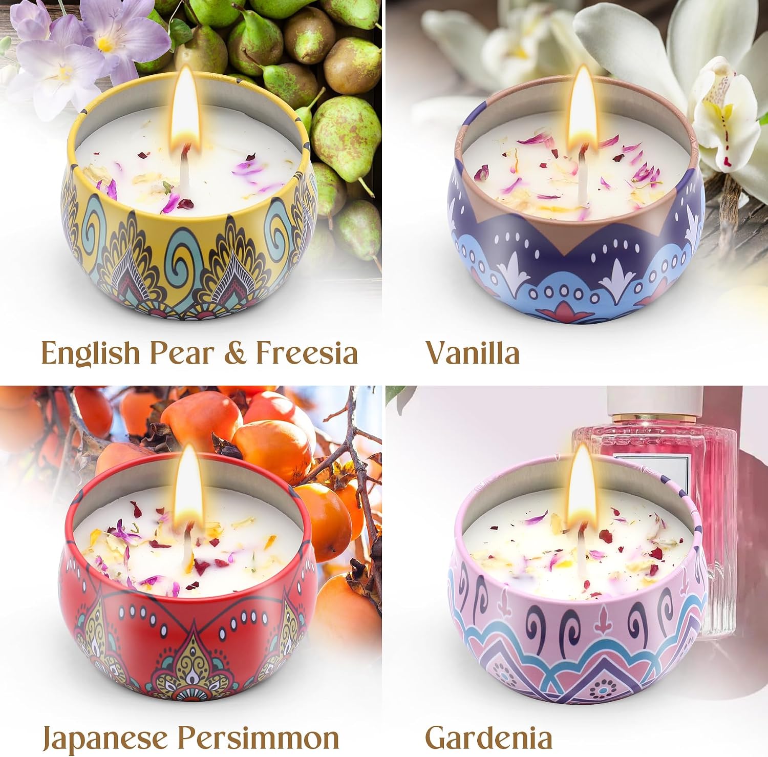 Scented Candles Gift Set for Women 4 Pack Soy Wax Candles with Dried Flowers Reusable Tin Aromatherapy Relaxation Gift for Birthday Mothers Day Valentines Day