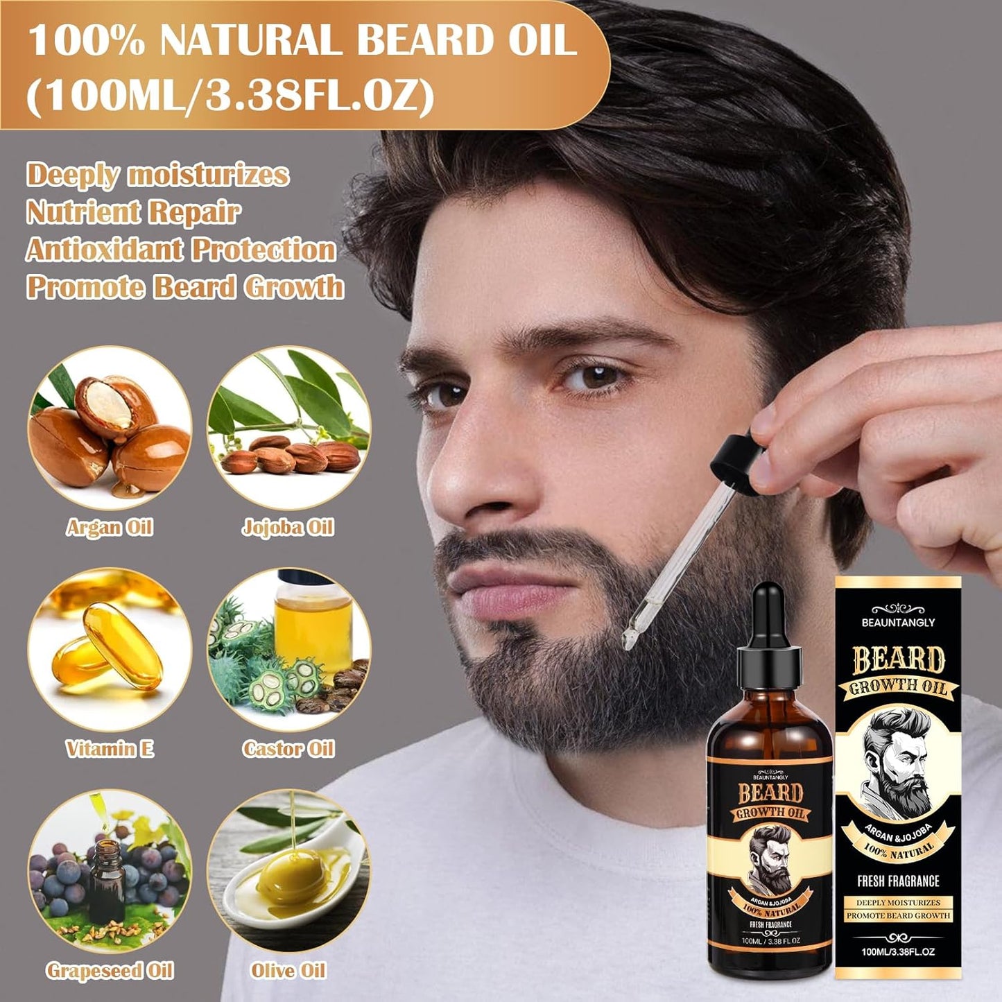 Beard Growth Oil for Men, 100% Natural Beard Oil with Argan Oil, Jojoba Oil, Castor Oil - 3.38 FL/100ML Fresh Fragrance Beard Conditioner Softens, Nourishes,Strengthens, Promotes Beard Growth