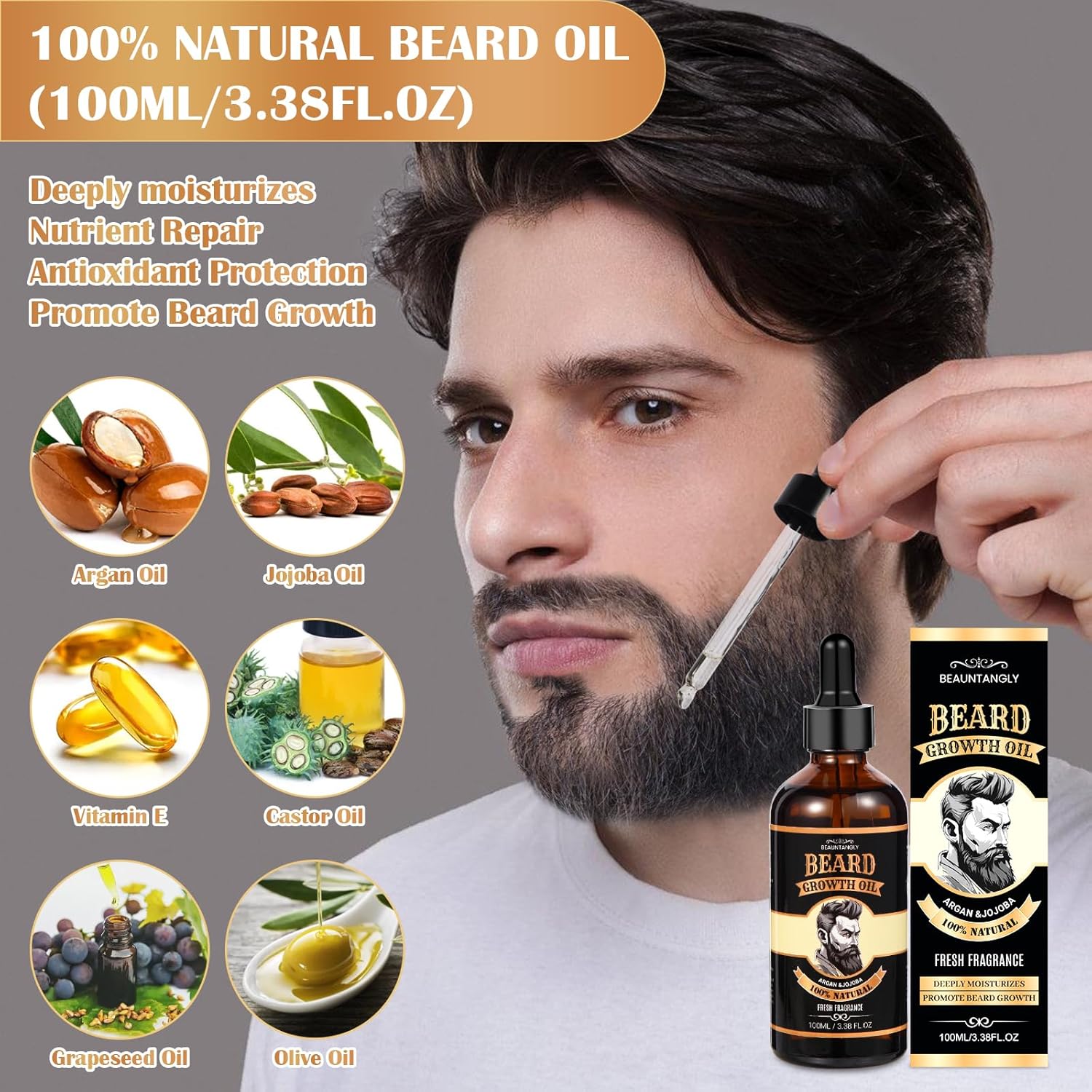 Beard Growth Oil for Men, 100% Natural Beard Oil with Argan Oil, Jojoba Oil, Castor Oil - 3.38 FL/100ML Fresh Fragrance Beard Conditioner Softens, Nourishes,Strengthens, Promotes Beard Growth