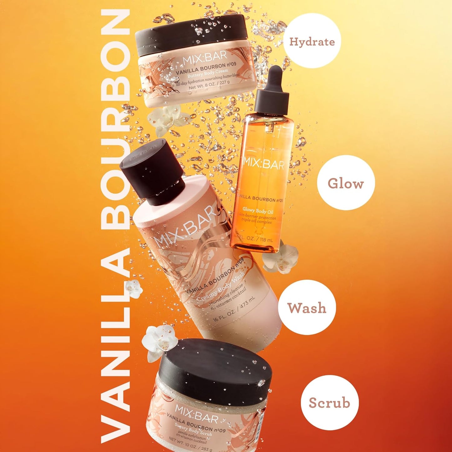 MIX:BAR Vanilla Bourbon Glowy Body Oil for Women, Soothe, Soften & Smooth Dry Skin, with Jojoba & Avocado Oil, Paraben Free, Vegan, 4oz