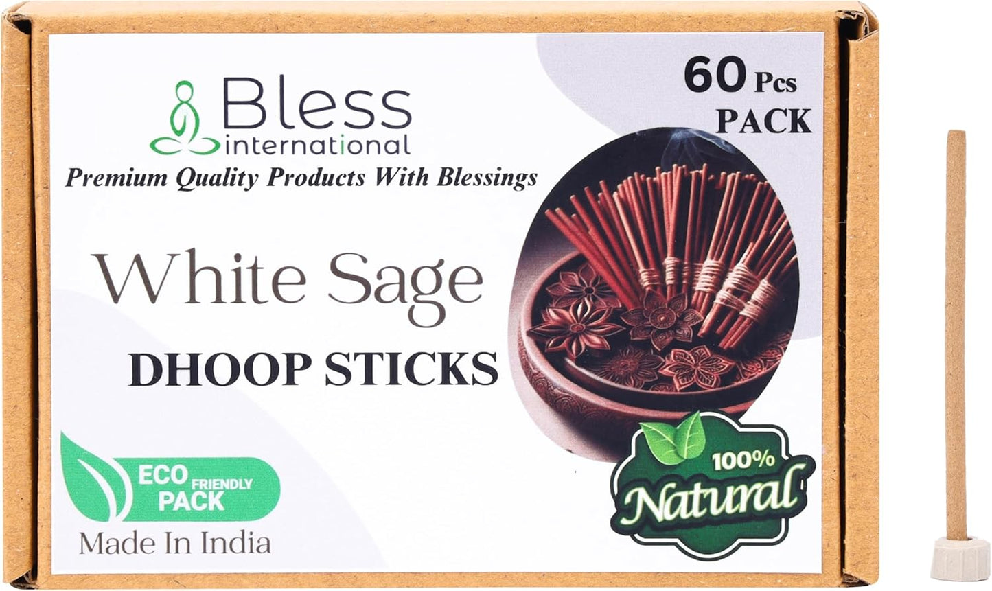 Bless-International White-Sage-100%-Natural-Incense-Bambooless-Dhoop-Sticks Handmade-Organic-Chemicals-Free for-Purification-Relaxation-Positivity-Yoga-Meditation The-Best-scents-4.5-Inches-60-Sticks