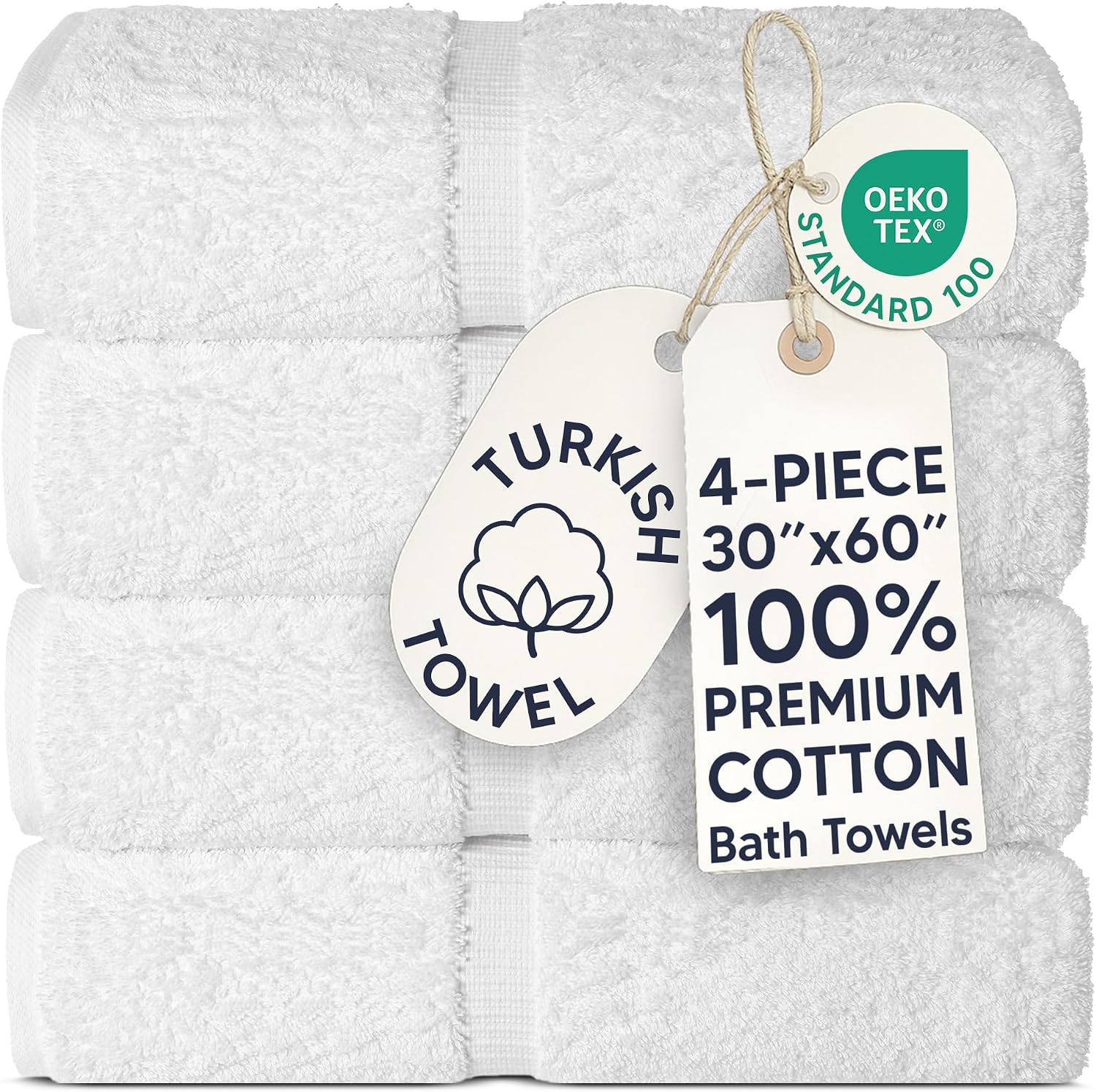 Chakir Turkish Linens 100% Cotton Premium Turkish Towels for Bathroom | 30'' x 60'' Large Bath Towels (4 Piece, White)