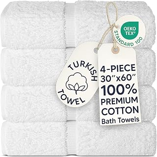 Chakir Turkish Linens 100% Cotton Premium Turkish Towels for Bathroom | 30'' x 60'' Large Bath Towels (4 Piece, White)