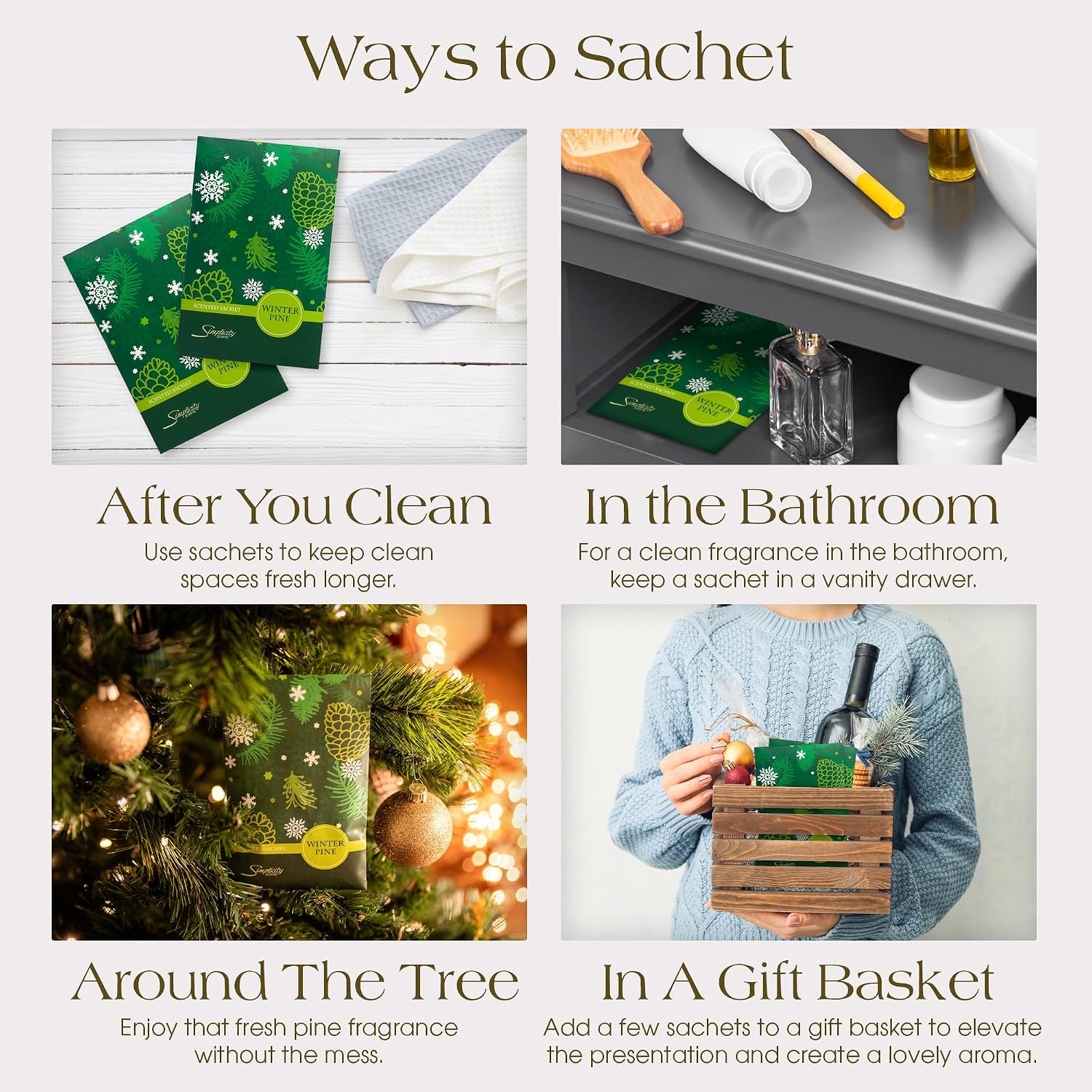 Simplicity Scents Winter Pine Scented Sachets Pack of 6, Fall & Winter - Long-Lasting Scented Bags, Home Fragrance, Air Freshener & Deodorizer for Closet, Room, Drawer, or Cars, Made in USA