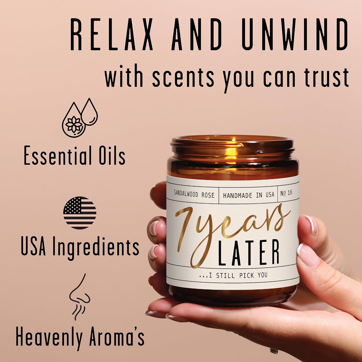 7 Year Gift for Anniversary for Her - '7 Years Later' Soy Candle, w/Sandalwood Rose - Infused w/Essential Oils I 7th Anniversary Wedding Gift for Wife I 50Hr Burn I USA Made
