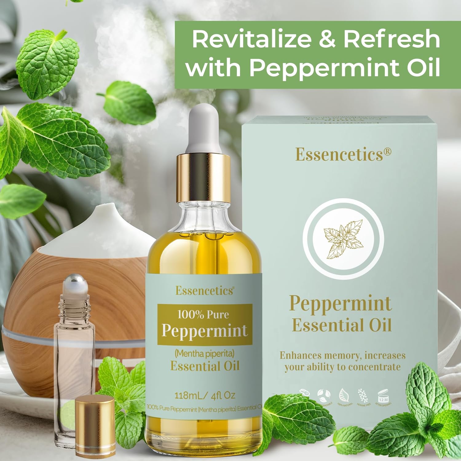 Peppermint Essential Oil 4 oz - 100% Natural- Infused with Olive & Sunflower Oils - Organic Peppermint Oil for Diffuser, Skin, Face & Hair Care