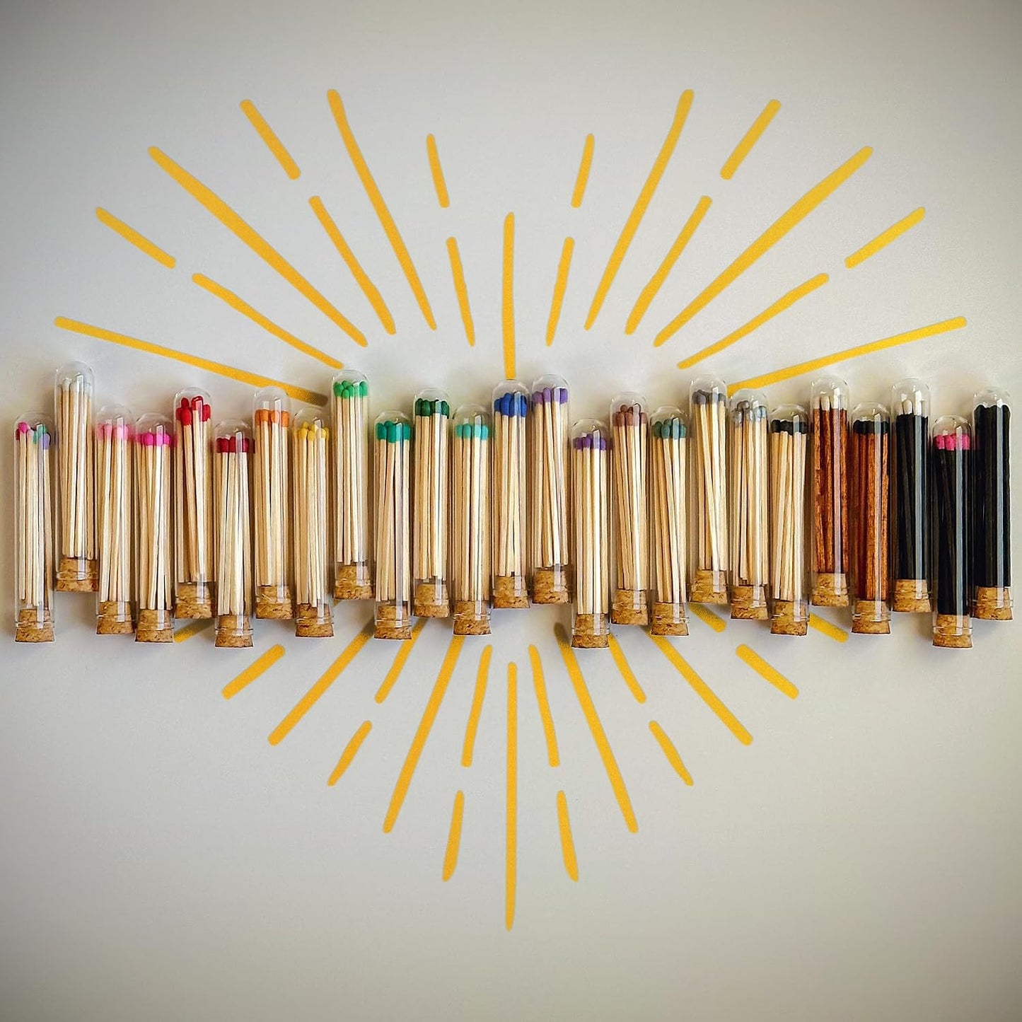 Decorative Matches in Mini Match Cloche Glass Jar Set | 4" Carrot Cake Long Matches (100 Match Sticks) + 3 Cork Top Dome Glass Holders + Striker Stickers | by Thankful Greetings, USA