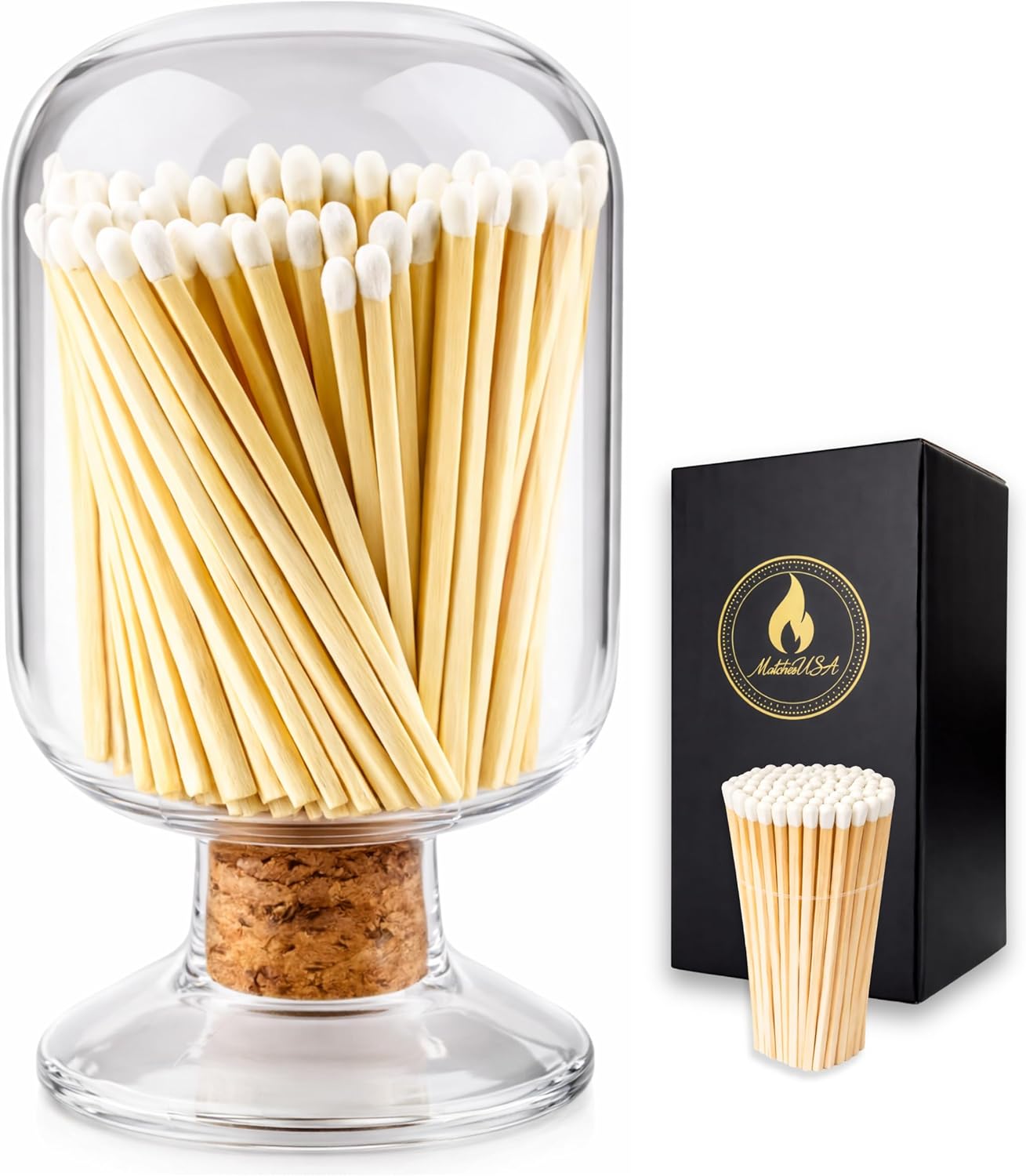 Includes Matches | Decorative Glass Matches Cloche | Bottle Jar Fireplace Candle Match Holder Gift Set