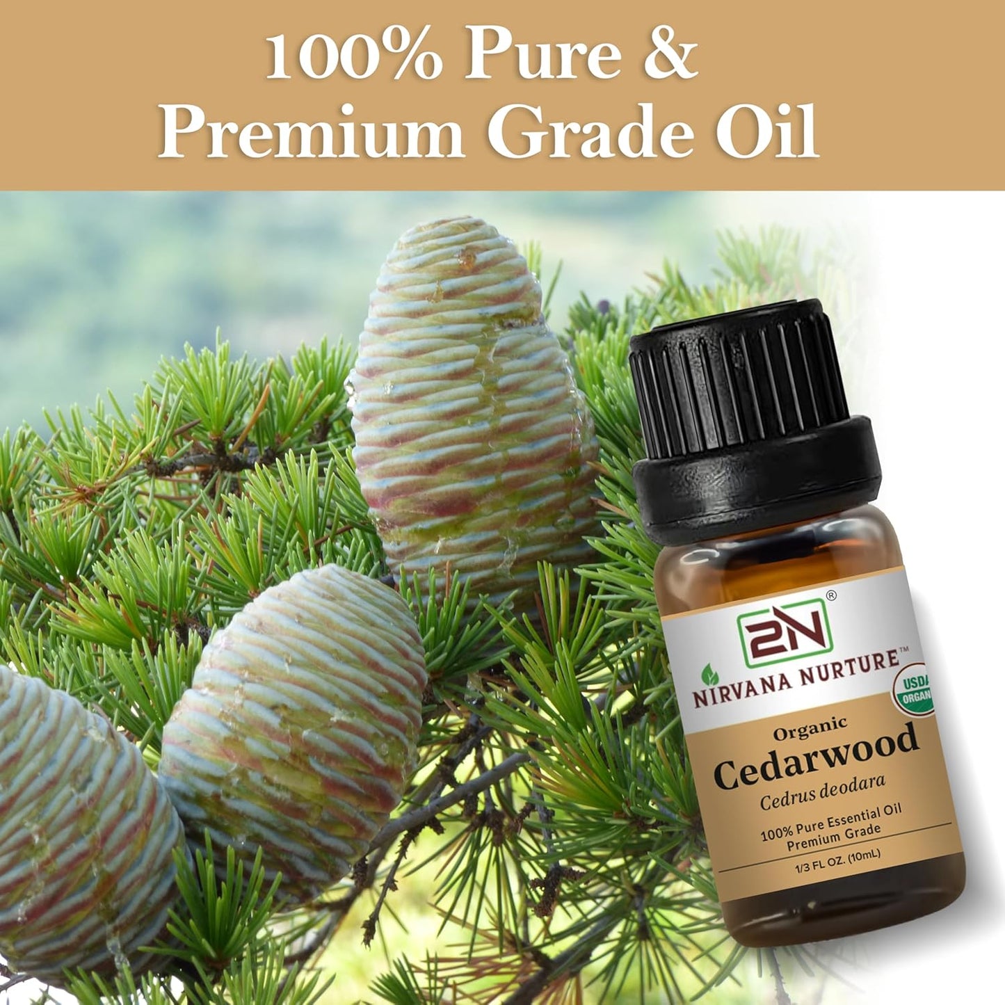Cedarwood Essential Oil, USDA Certified Organic, 100% Pure Undiluted, Aromatherapy Oil for Diffuser, Hair & Skin Care