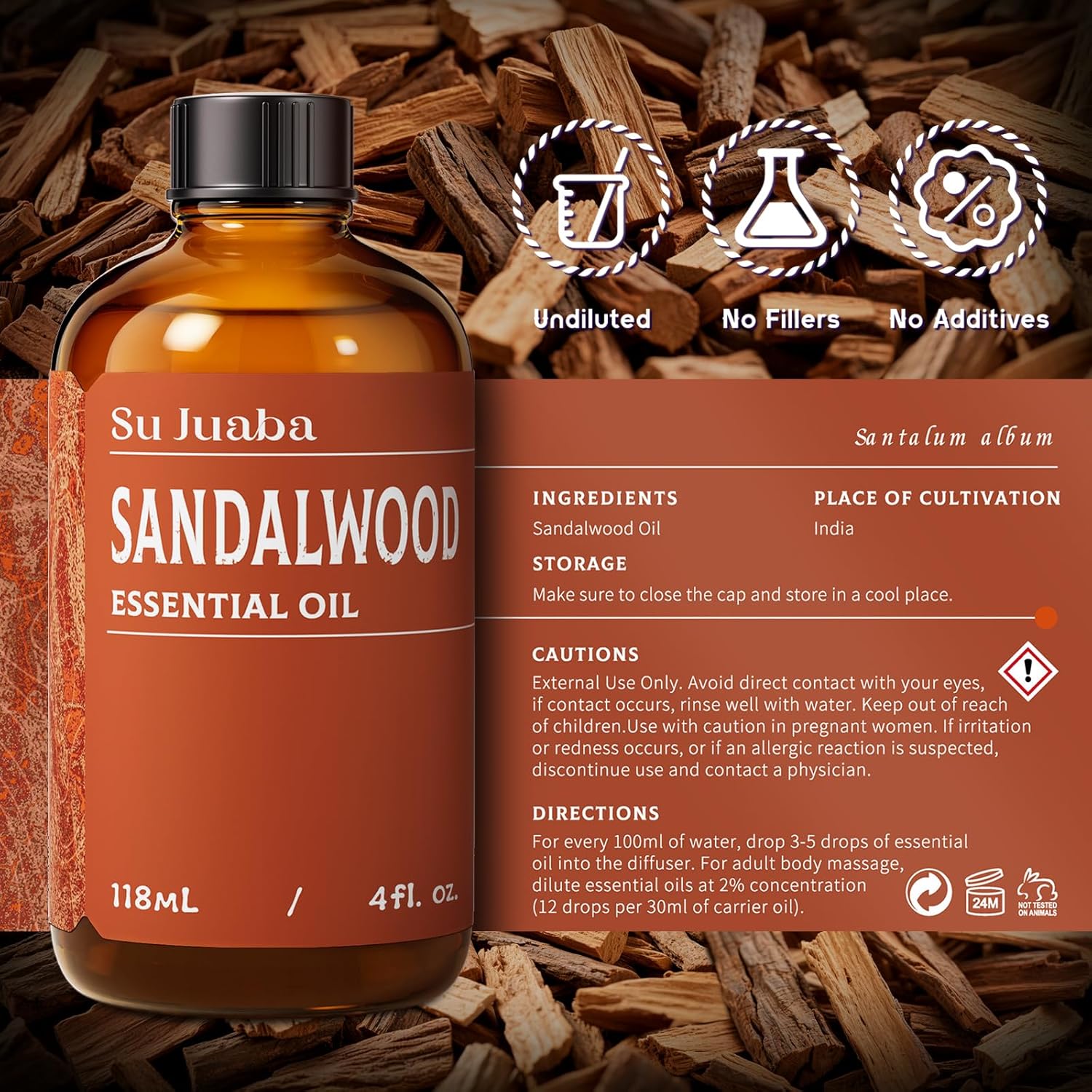 SU JUABA Sandalwood Oil 4 Fl Oz, 100% Natural Aromatherapy Oil for Diffuser,Skincare, Hair Care, DIY Fragrance, and Relaxation - 118ML