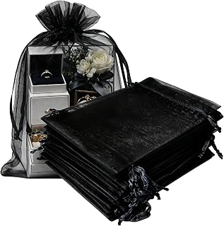 Pack of 100 Organza Gift Bags 5x7 Inch Black Drawstring for Baby Shower,Christmas,Birthday,Party Favor,Rustic Wedding,Holiday Sheer Fabric Recycled Sachet for Jewelry,Dried Lavender Flowers