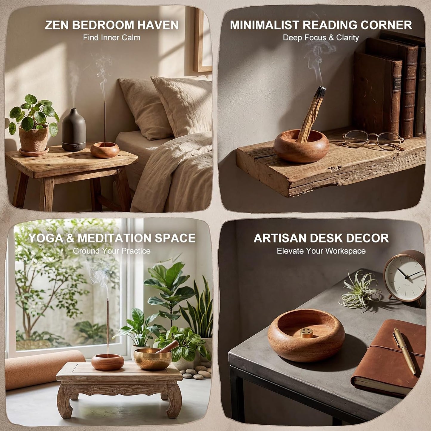 Natural Wood Incense Holder with 4 Holes, 2.36" Wooden Incense Burner for Sticks, White Sage & Palo Santo, Handmade Ash Catcher for Home, Meditation, Yoga
