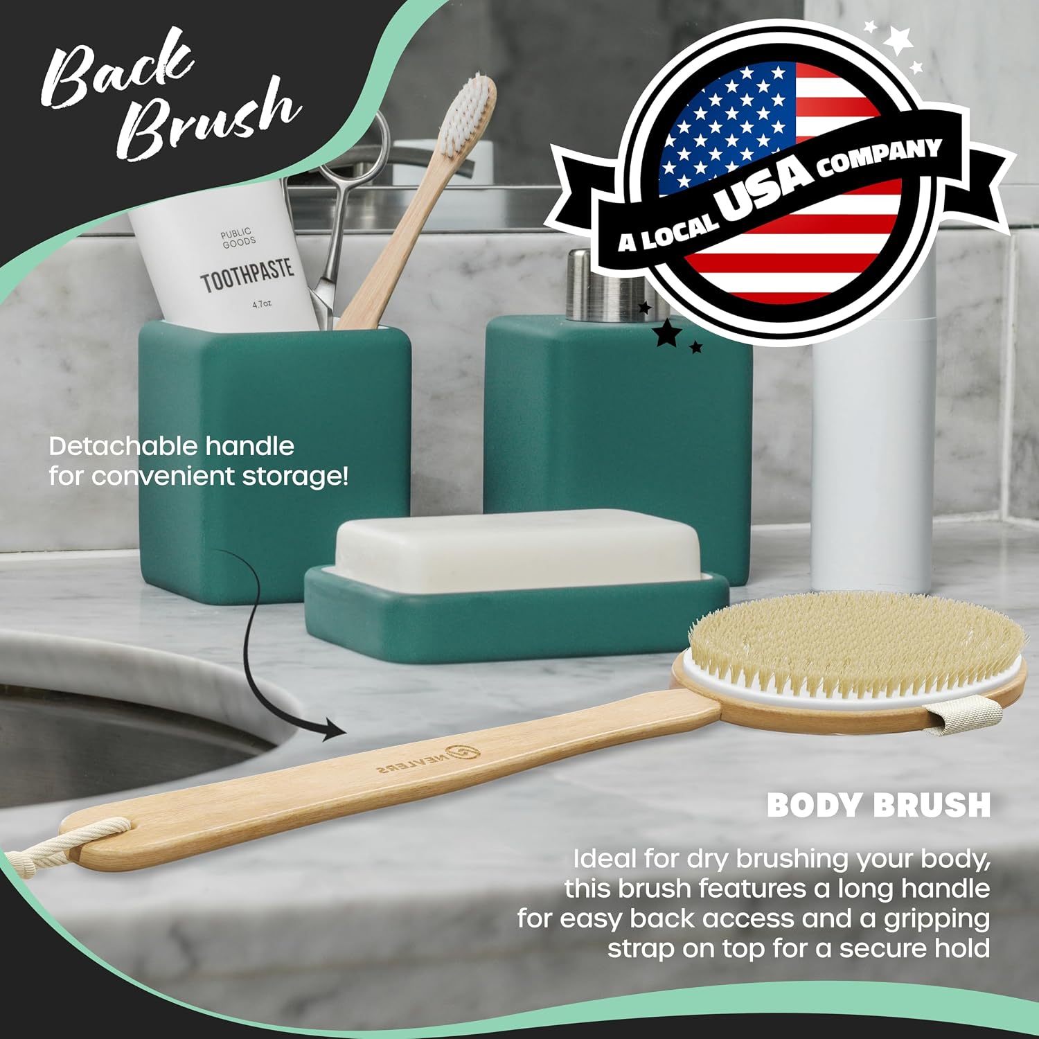 Nevlers Natural Boar Bristle Dry Brushing Body Brush 4-Piece Set | Brush Kit for Exfoliating, Lymphatic Drainage & Circulation | Body Brush, Face Brush, Long-Handled Back Brush + Storage Bag