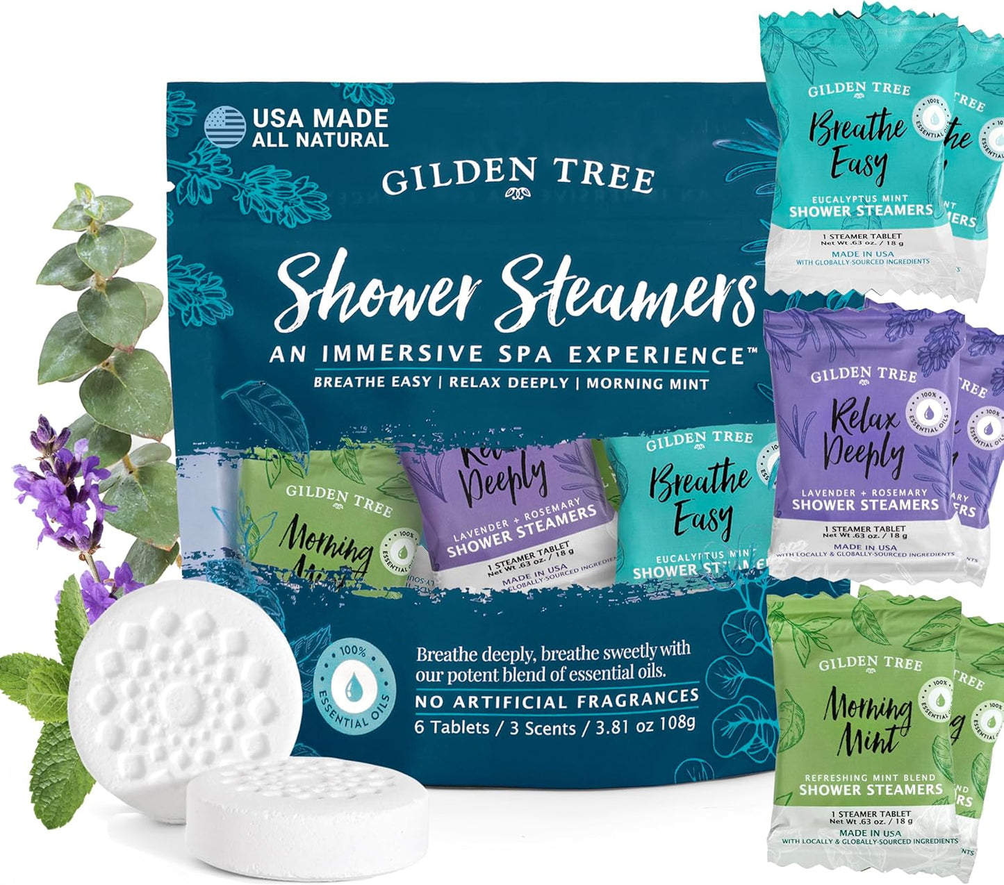 Gilden Tree Shower Steamers Aromatherapy Variety Pack – Sinus Relief, Relaxation & Energy Essential Oils, Birthday Gifts for Women Men Teens Adults, Individually Wrapped Made in USA (6 Pack, 3 Scents)