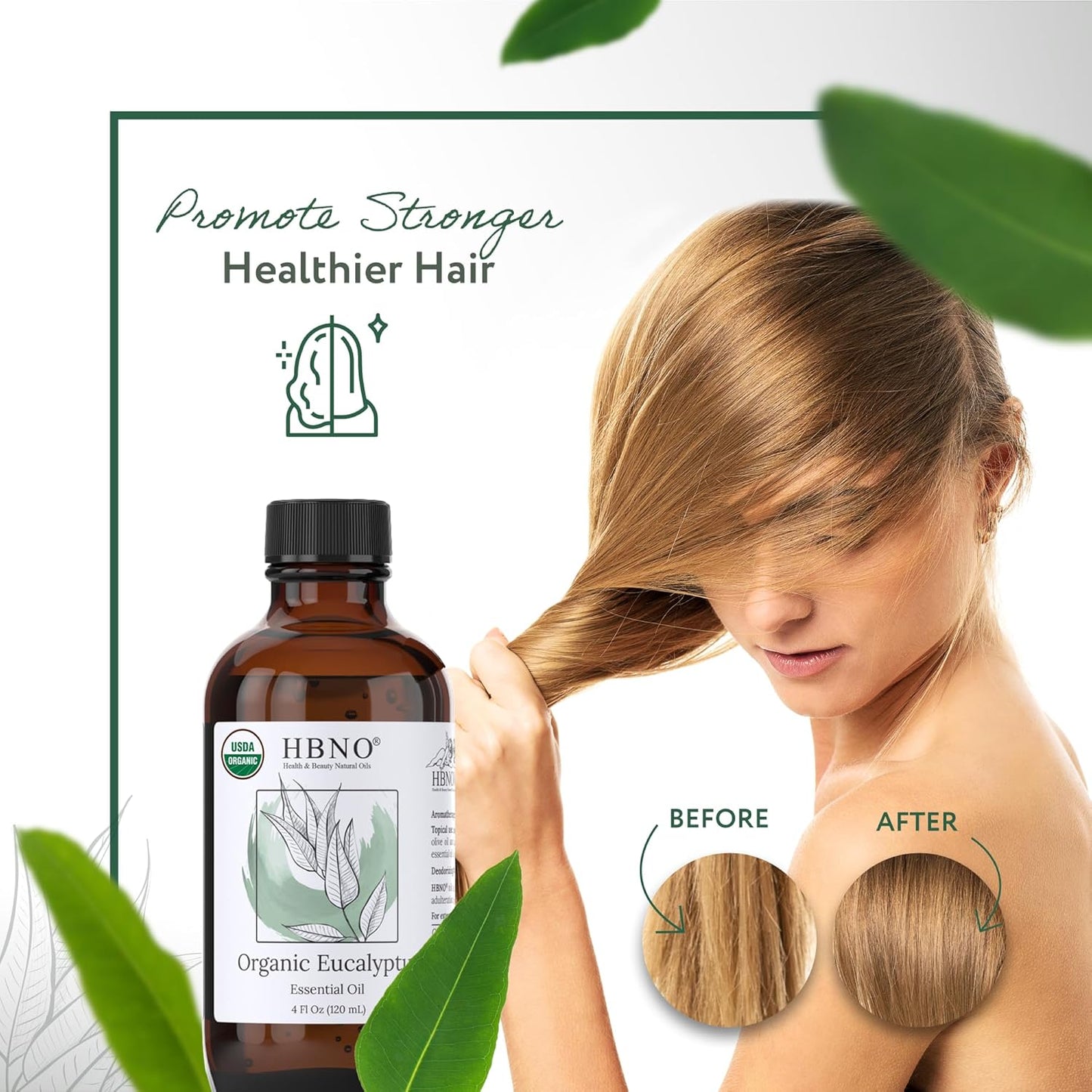 HBNO California Bottled Organic Eucalyptus Essential Oil (Globulus) - 4 fl oz (120ml) - USDA Certified Organic - Ideal for Diffuser, Hair, Face, Skin Care, Aromatherapy, Scalp & Body Massage