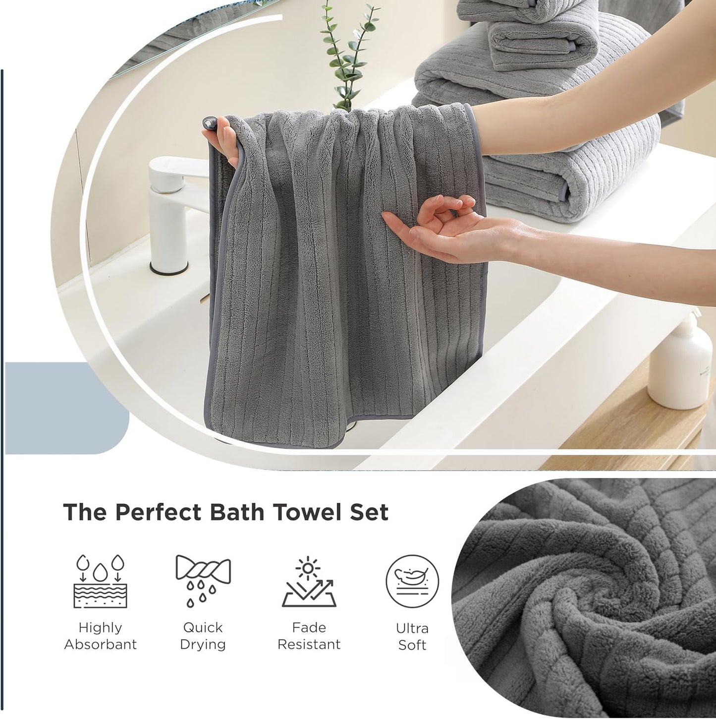 Hailea 18 Piece Family Bath Towel Set Include 6 Bath Towels,6 Hand Towels and 6 Washcloths Soft Bathroom Towel with Hanging Loops,Highly Absorbent Quick Dry Towels Set for Bathroom,Hotel and Spa-Grey