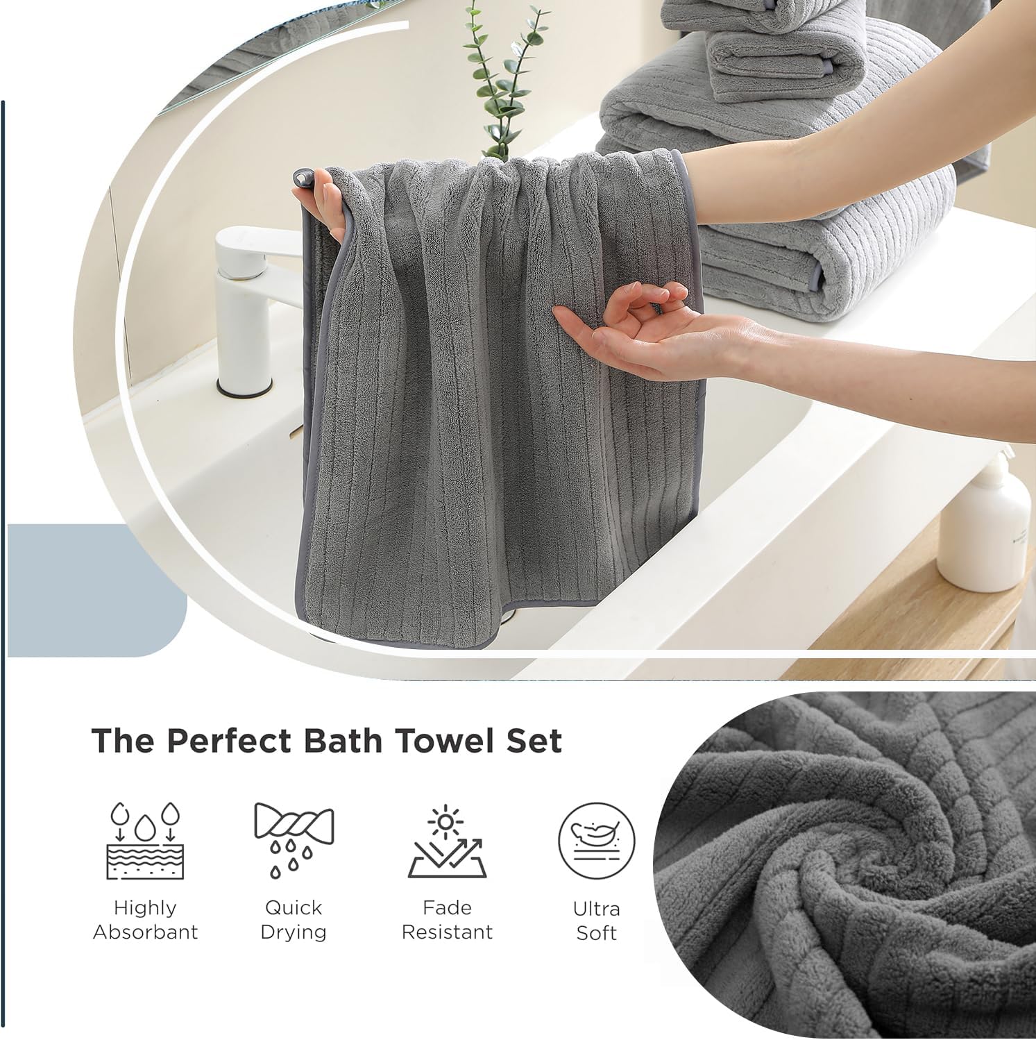 Hailea 18 Piece Family Bath Towel Set Include 6 Bath Towels,6 Hand Towels and 6 Washcloths Soft Bathroom Towel with Hanging Loops,Highly Absorbent Quick Dry Towels Set for Bathroom,Hotel and Spa-Grey