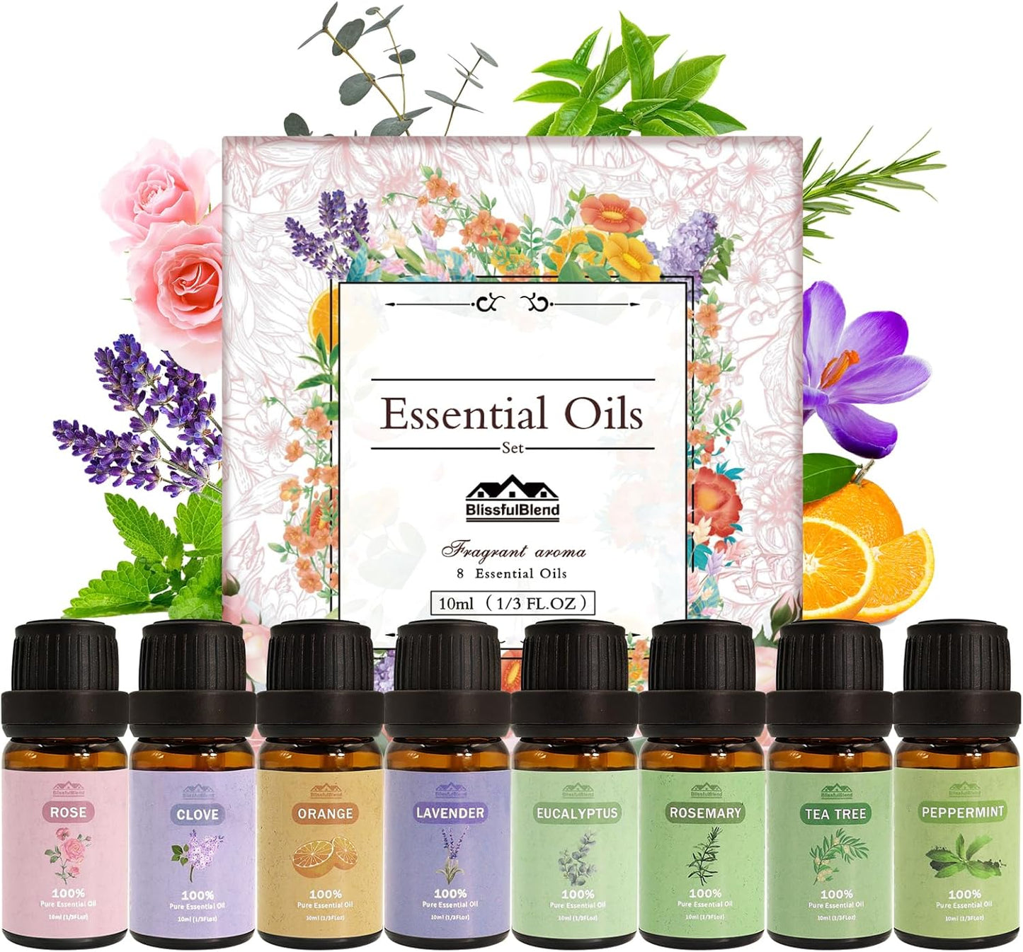 8 Pcs×10ml Pure Essential Oils for Diffuser for Home Care, Perfume, Candle and Soap Making - Peppermint, Lavender, Rose, Clove-Organic Essential Oils Set for Women and Mom Gift