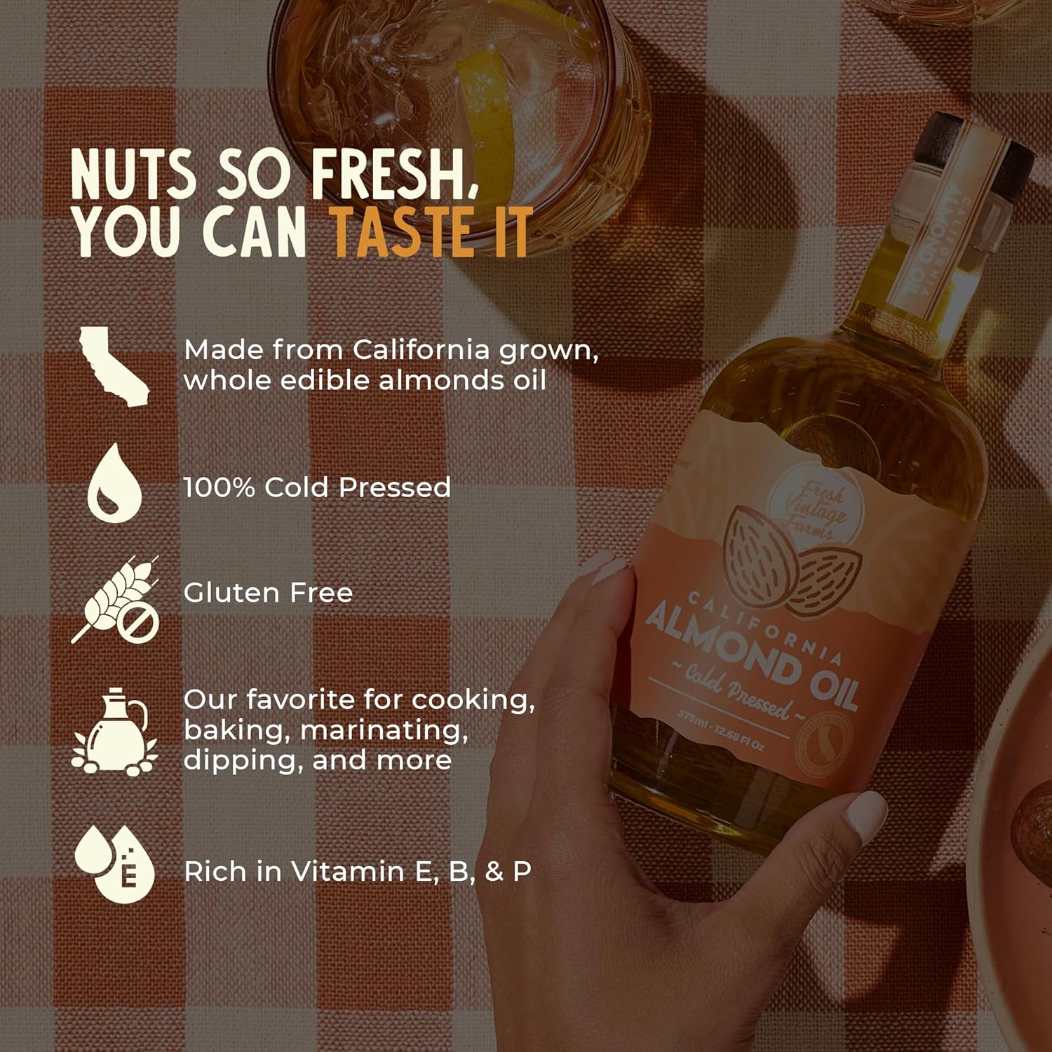 Fresh Vintage Farms 100% Cold Pressed Sweet Almond Oil | Nutrient-Rich Healthy Cooking Oil for Cooking, Baking, Grilling, Dipping, & Salads | Cold Pressed Almond Oil - 12.68 Fl oz, Pack of 1