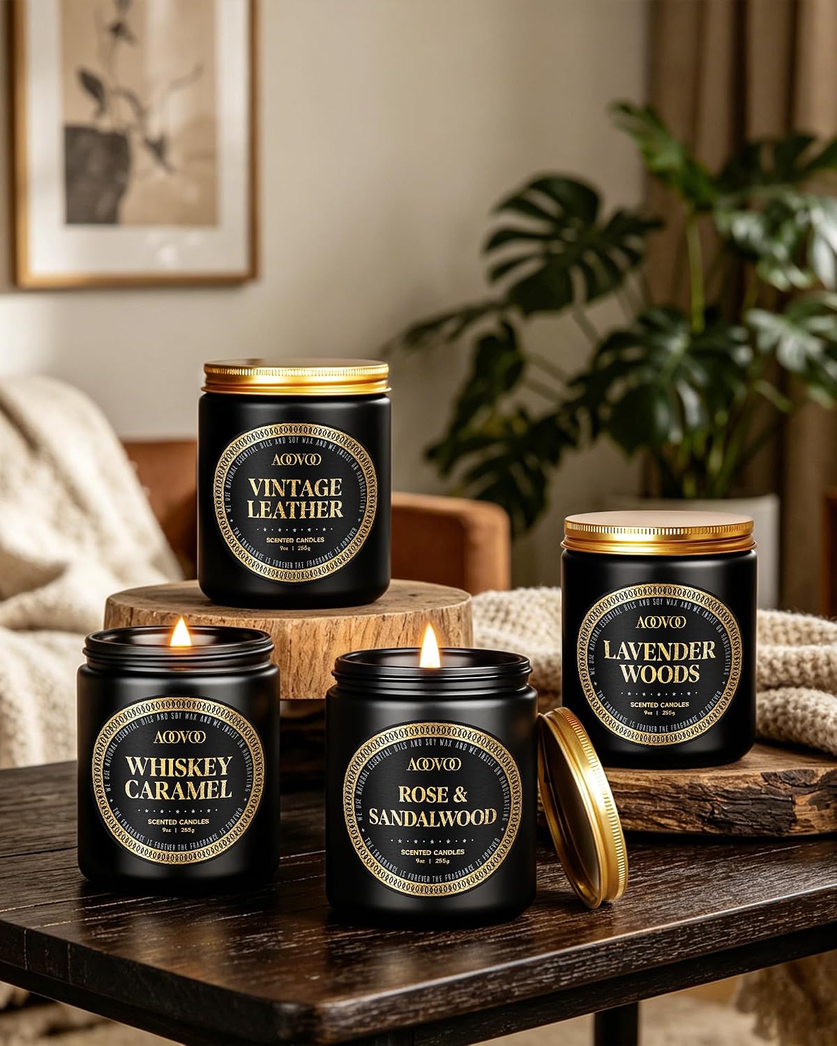 AOOVOO Scented Candles for Men - 4 Pack Candles for Home Scented, 36oz Soy Wax, 200 Hour Burn Time, Men Candle Set, Rose Sandalwood/Whiskey Caramel/Lavender/Leather Candle Set T