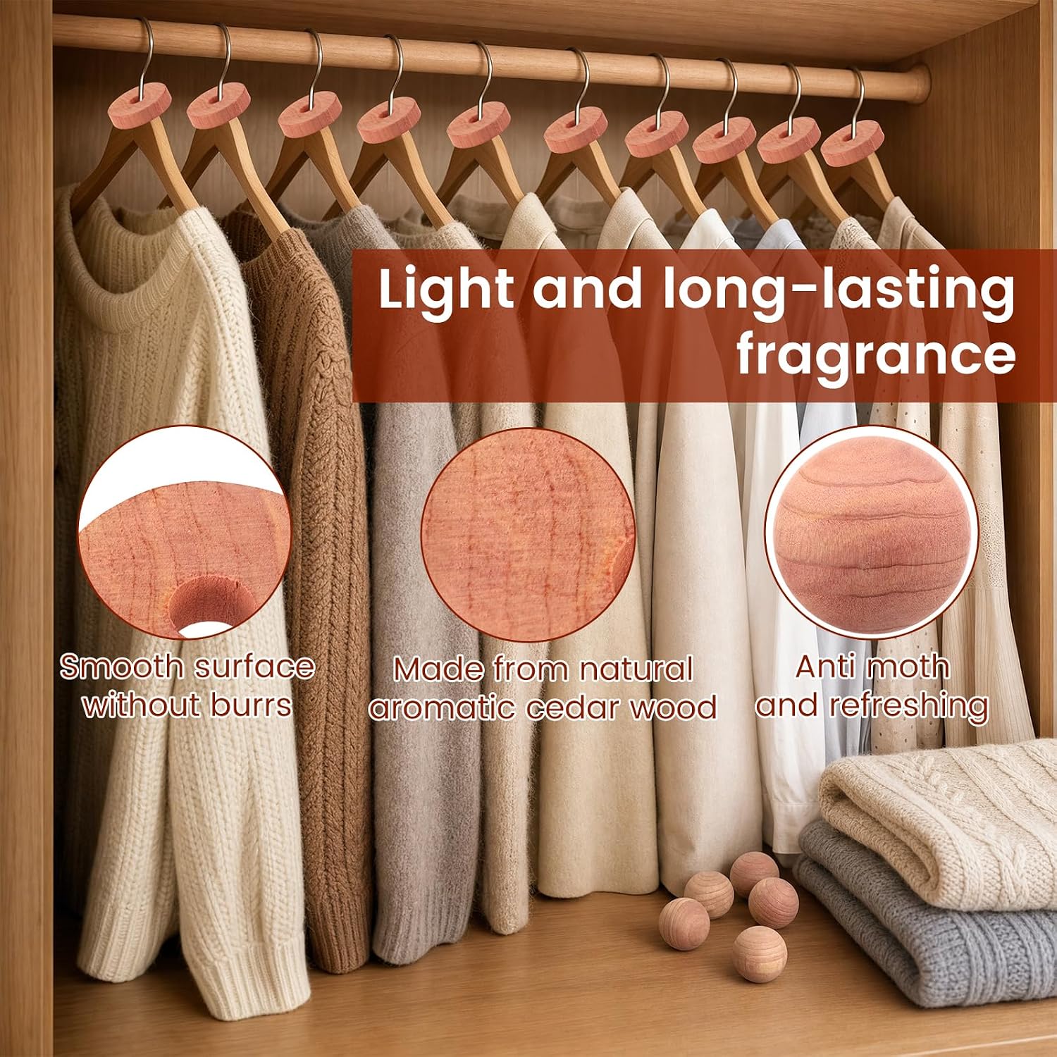 Cedar Blocks for Clothes Storage with Linen Bag, 100% Natural 50 Cedar Ball & 30 Ring for Closets & Drawers Fresh Scented Sachets