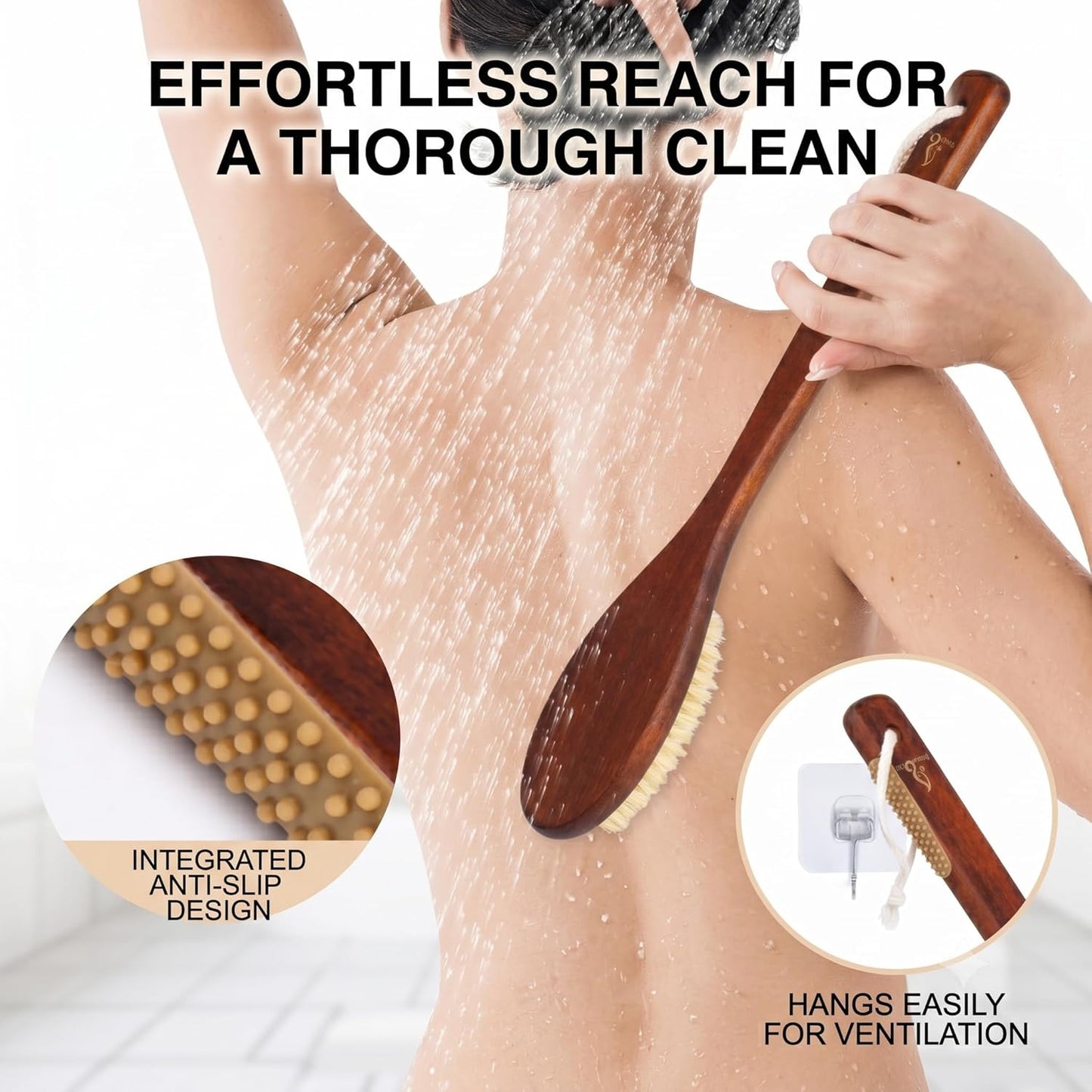 Wooden Bath Brush with Gentle Bristles Long Handle for Shower Back Scrubber Body Exfoliator (Gental Boar Bristle)