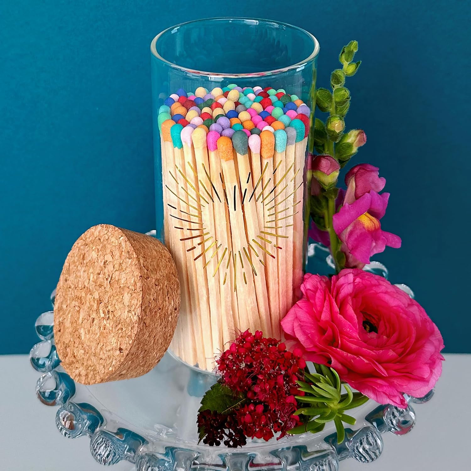 Decorative Matches in a Gold Heart Foil Glass Jar | 4" Orange Long Matches (100 match sticks) + Cork Top Glass Holder + Striker Stickers | Gifts, Décor, & Candle Accessories by Thankful Greetings USA