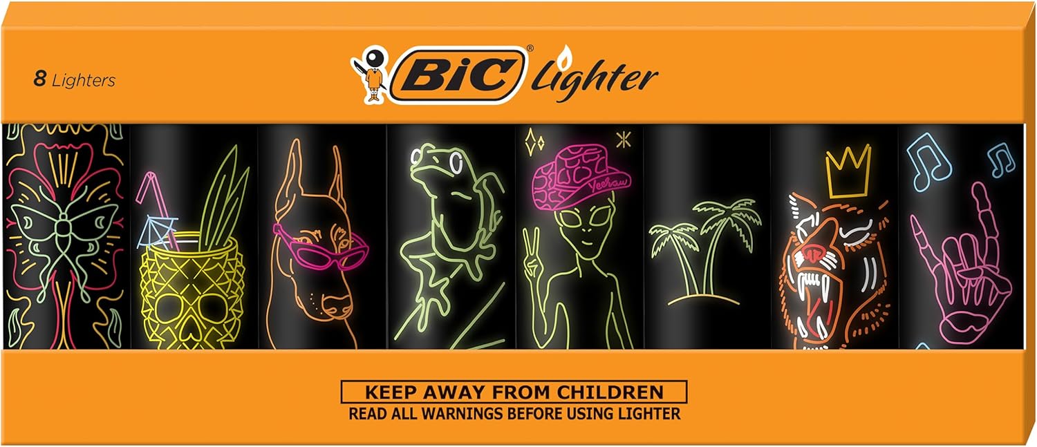 BIC Maxi Pocket Lighter, Special Edition Neon Series, Great for Candles and Firepits, 8 Count Pack of Lighters