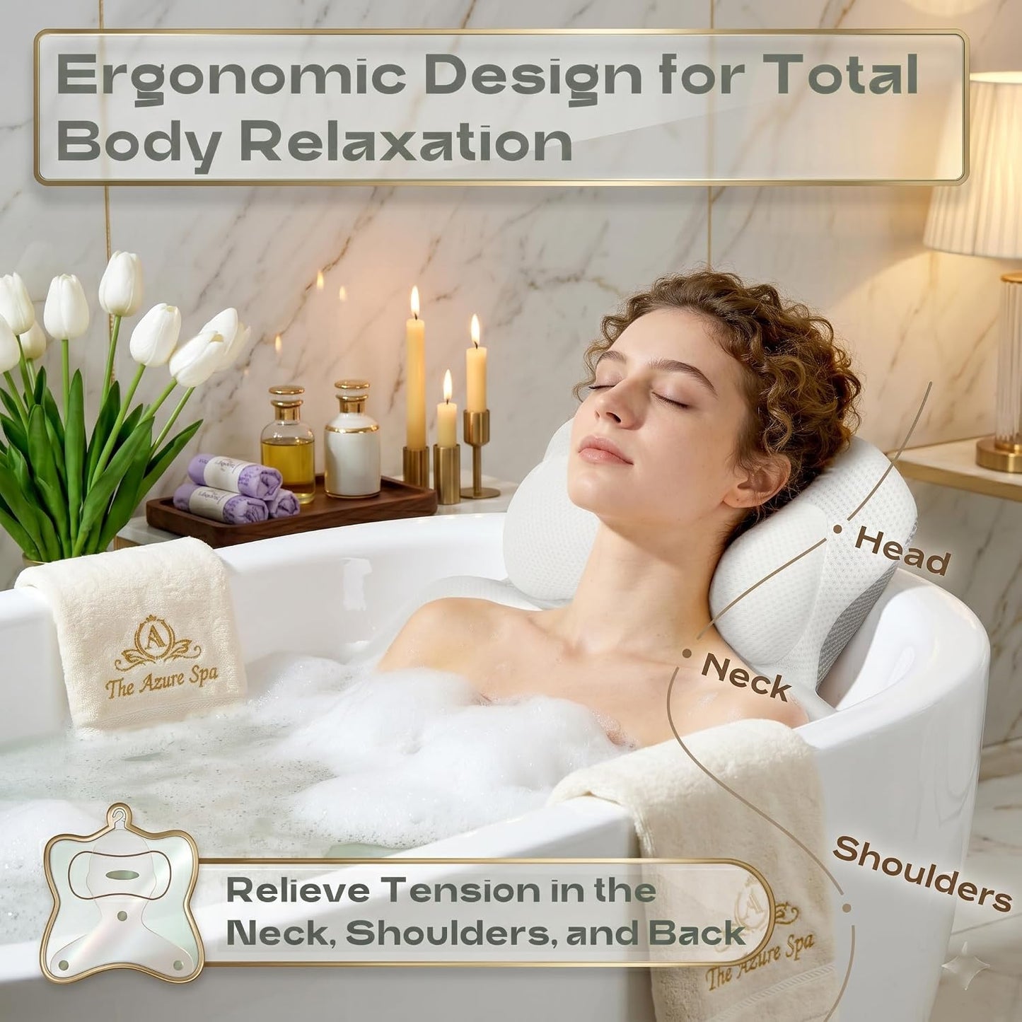 Luxury Full Body Bath Pillow for Tub - 4D Air Mesh Bathtub Cushion Mat with Extra Thick Neck, Back & Lumbar Support - Ergonomic Spa Pillow for Headrest & Shoulder Relief, Non-Slip, White