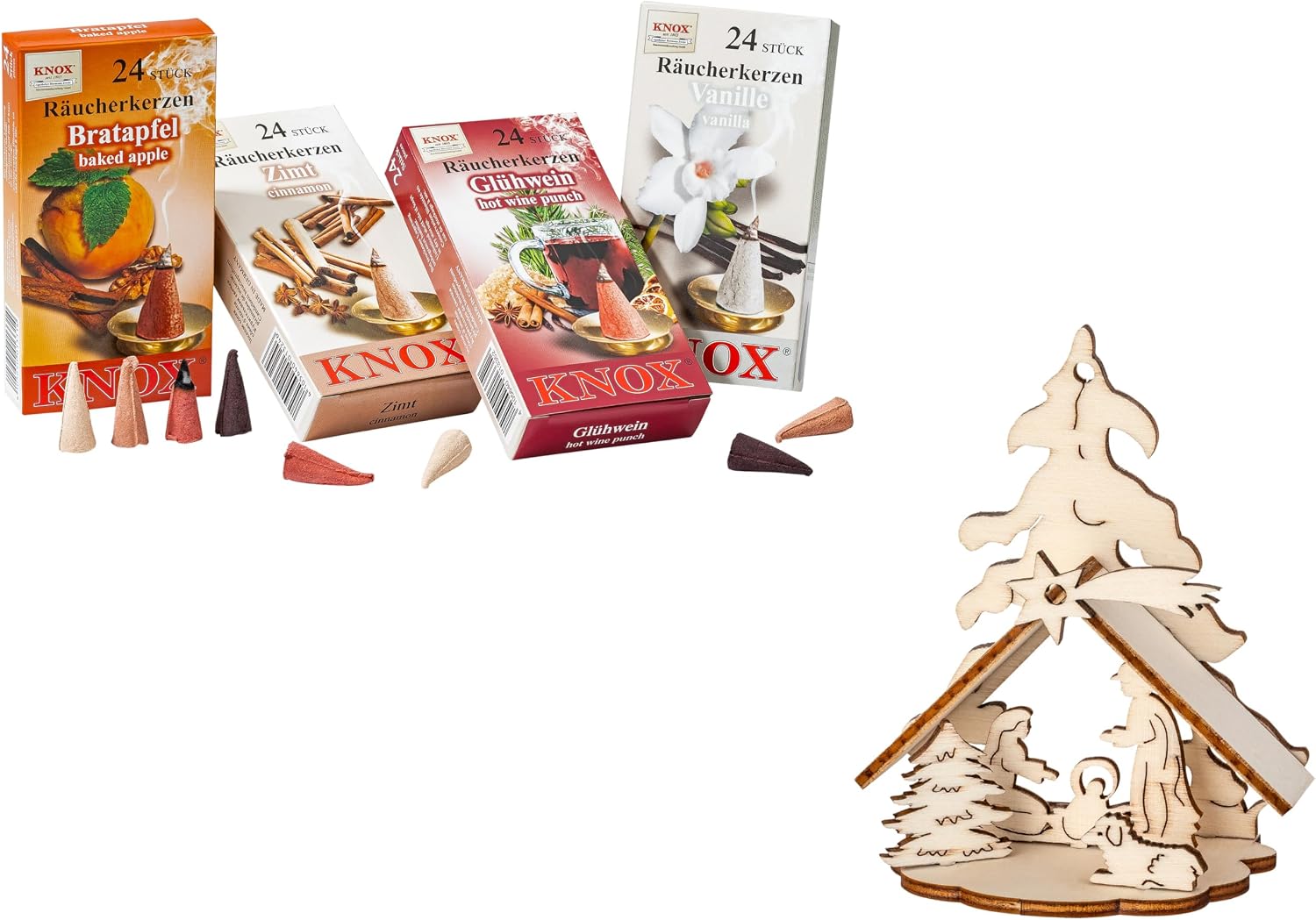 German Incense Cones Bundle Christmas Markets- 4 mostloved Smells from Knox Räucherkerzen/Apotheker Hermann Zwetz. MaMeMi Gift-Set with DIY Mini Nativity Scene