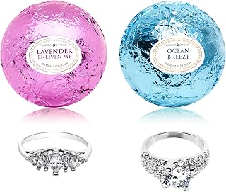 Ocean Breeze Lavender Bath Bombs Gift Set of 2 with Size 6 Ring Inside Each Made in USA