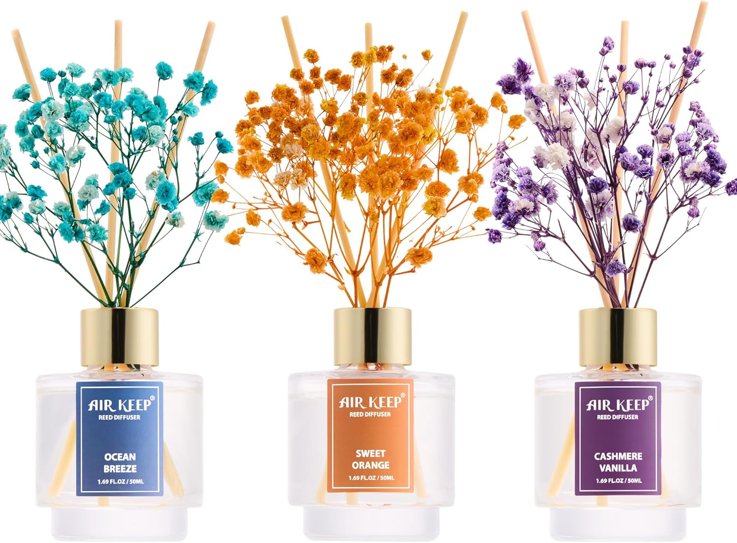 Airkeep Reed Diffuser Set of 3, Ocean Breeze Sweet Orange Cashmere Vanilla Oil Reed Diffusers for Bedroom Living Room Office Aromatherapy Oil Reed Diffuser for Gift 50ml x 3