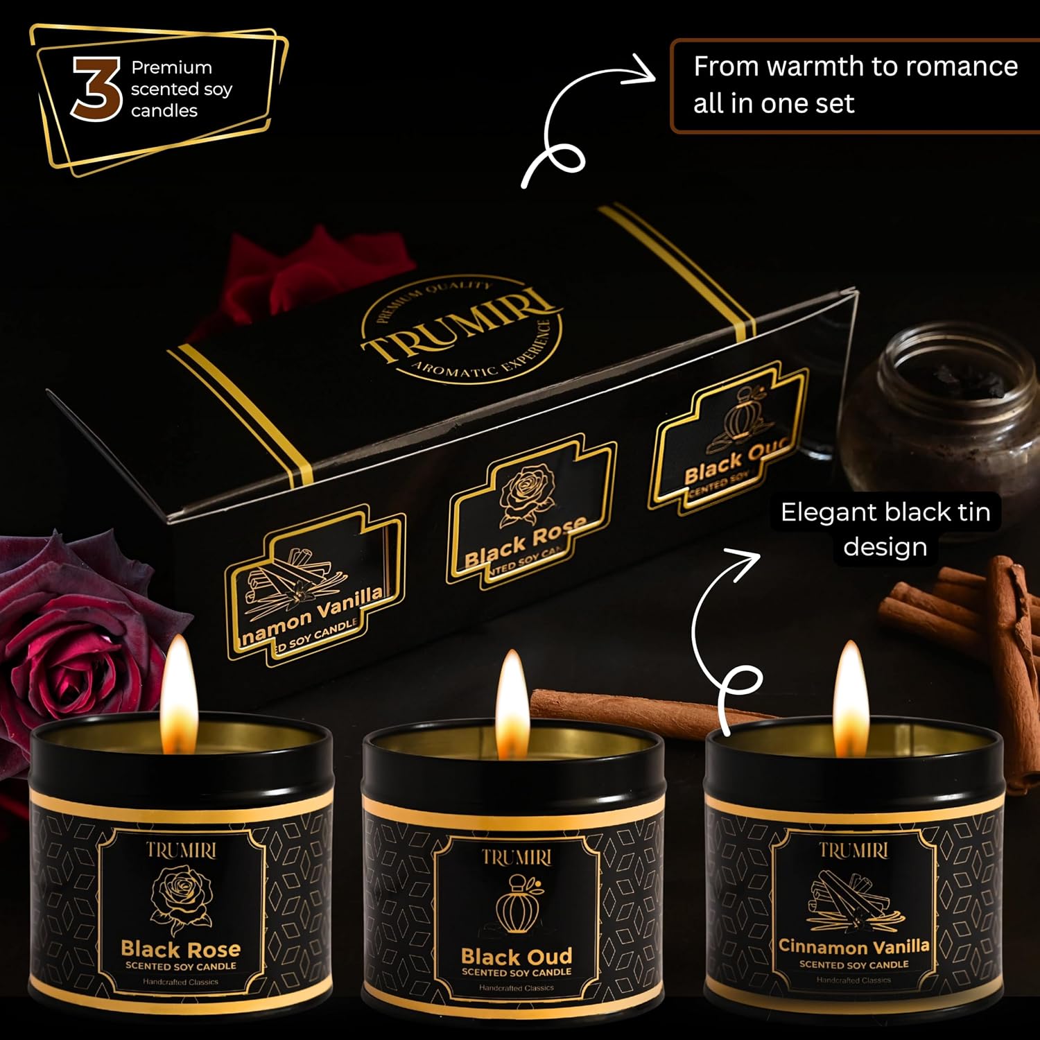 Candle Gift Set of 3 Sage Pine|Jasmine|Black Rose Strong Scented Soy Candels Natural Non Toxic Velas Aromáticas Favors for Women Coworkers Friends Guests Also for Fall Diwali Christmas Holidays