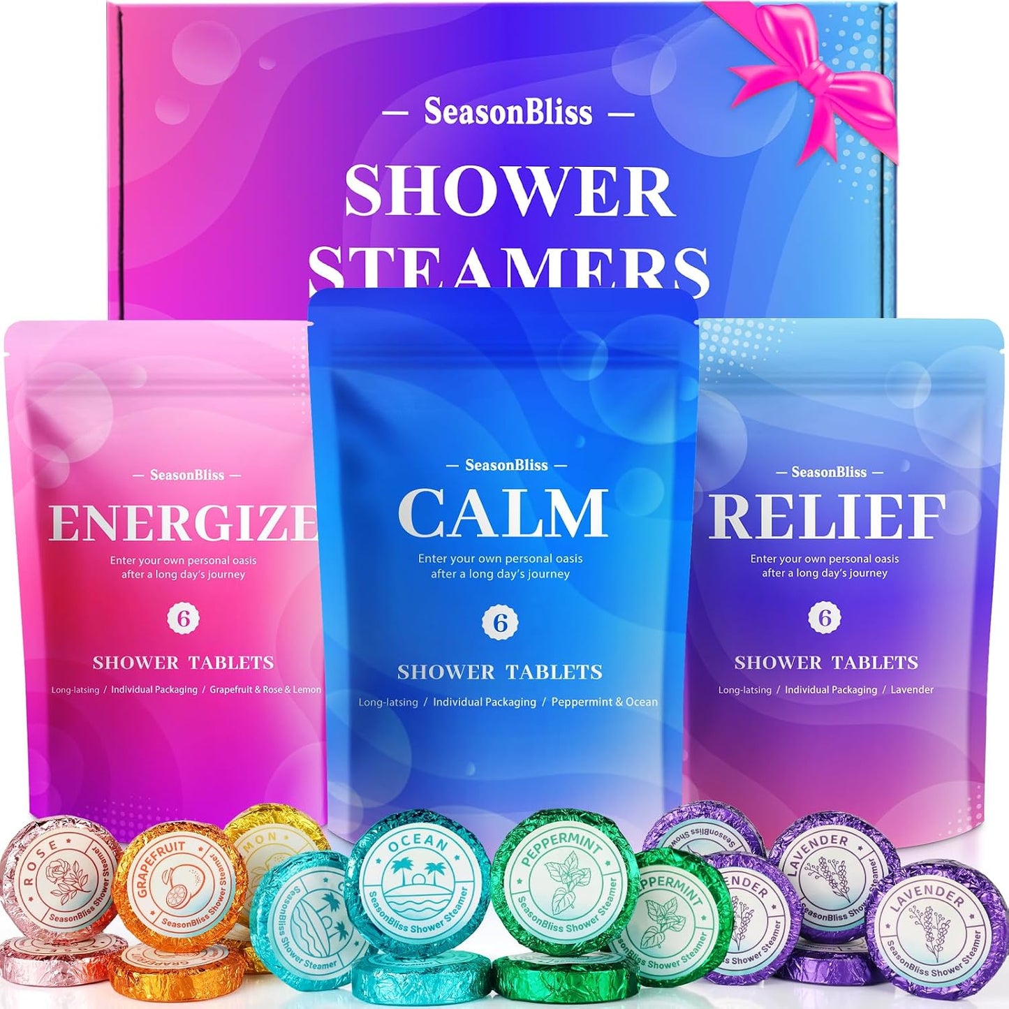 SeasonBliss Shower Steamers 18 Pack Set, Shower Bombs with 6 Charming Scents, Shower Tablets with Natural Ingredients,Self-Care & Relaxation Presents for Women and Men