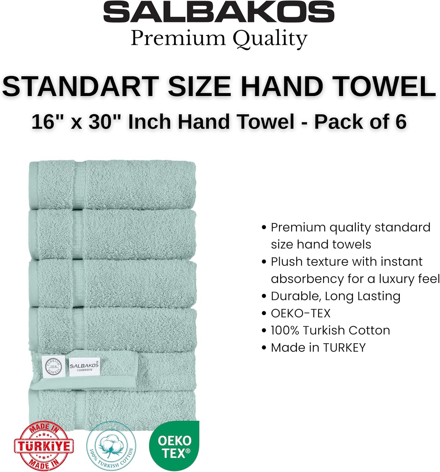 SALBAKOS 100% Turkish Cotton Hand Towel Set of 6 16x30 inch | Premium Quality | Hotel & Spa Collection | Soft, Absorbent, Long Lasting Hand Towels | Made in Turkey (Seafoam Green, 6 Hand Towels)