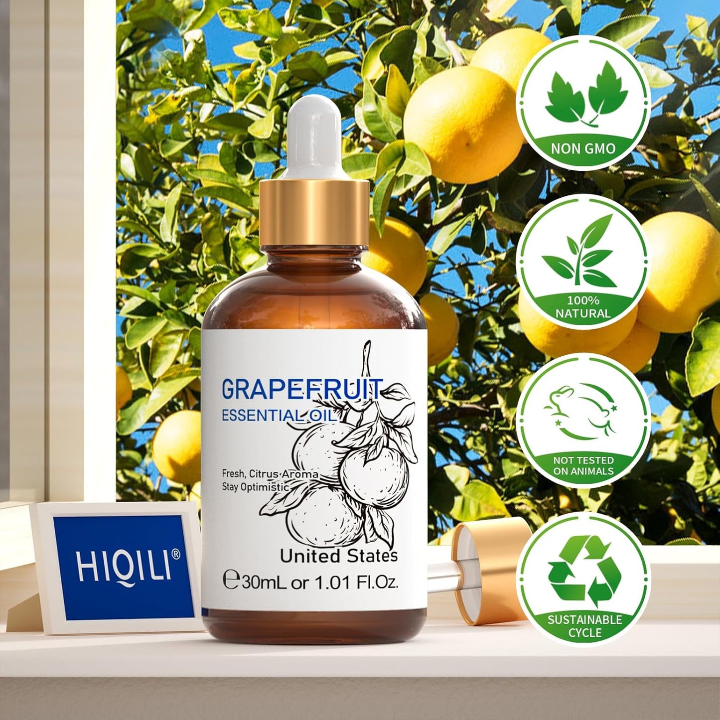HIQILI 30 ml Grapefruit Essential Oil, for Diffuser, Skin Care,100% Pure and Natural - 1 Fl Oz