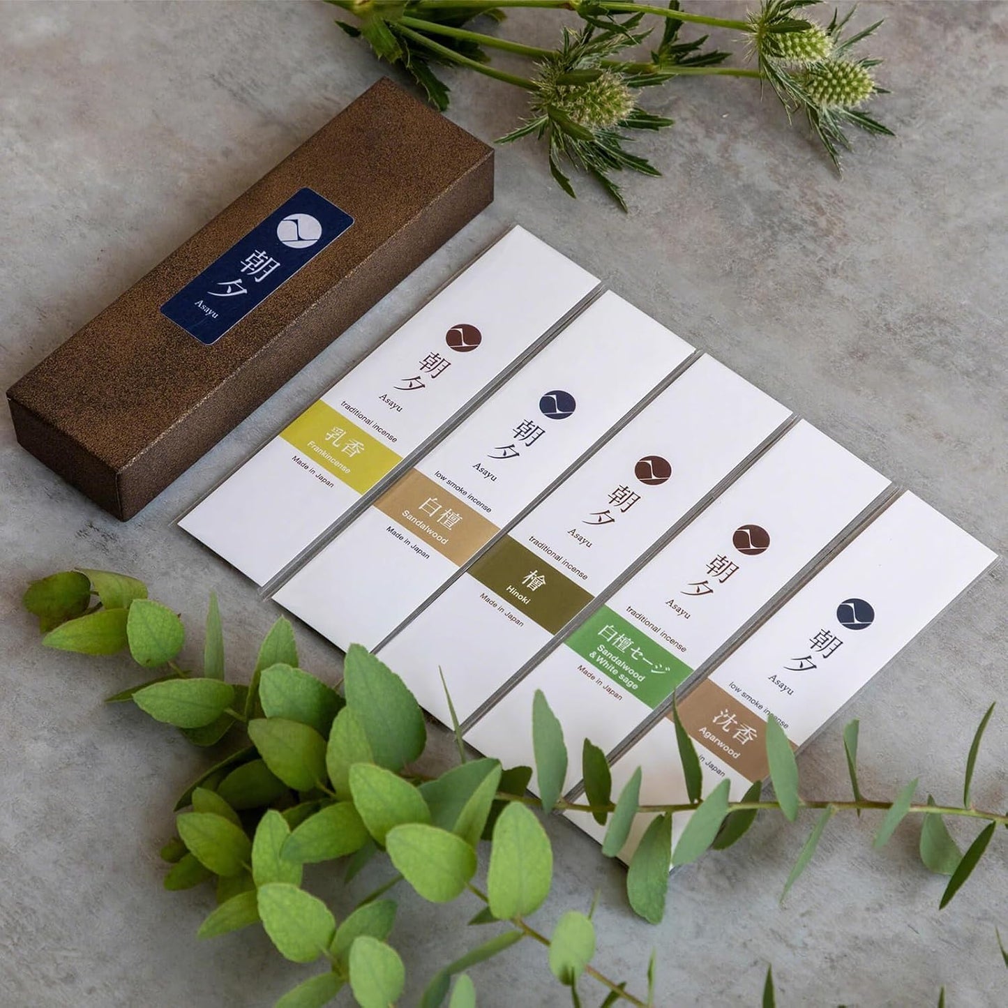 Asayu Japan Incense Sticks Assortment - 5 Natural Fragrances, 20g, 100% Made in Japan Incense Sampler Variety Pack - for Yoga, Zen Meditation & Relaxation