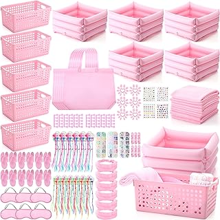 85 Pcs Spa Kit Nail Art Kit Sleepover Party Supplies with 12.5 x 12.5 in Inflatable Foot Tubs Foot Bath Towel and Basket DIY Manicure Pedicure Set for Slumber Party(Pink)