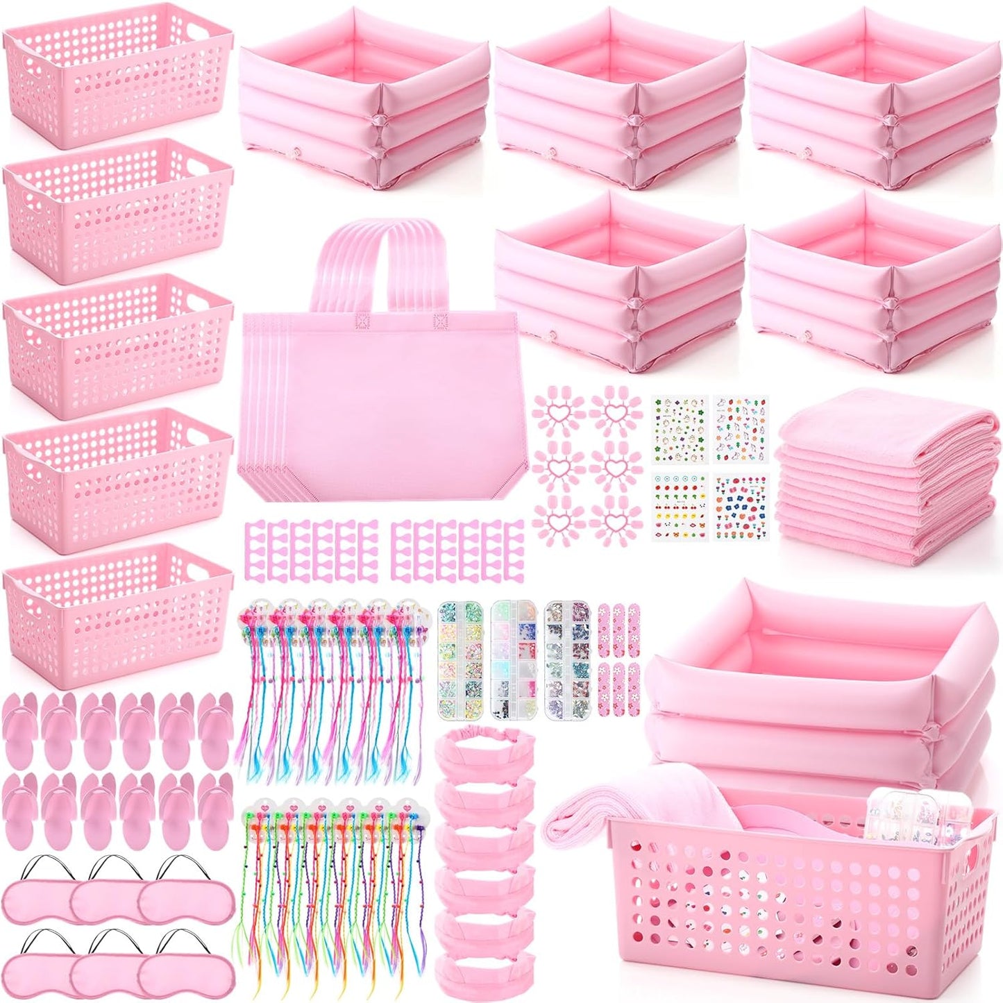85 Pcs Spa Kit Nail Art Kit Sleepover Party Supplies with 12.5 x 12.5 in Inflatable Foot Tubs Foot Bath Towel and Basket DIY Manicure Pedicure Set for Slumber Party(Pink)