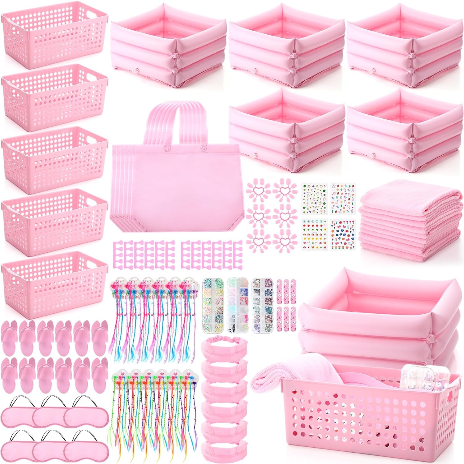 85 Pcs Spa Kit Nail Art Kit Sleepover Party Supplies with 12.5 x 12.5 in Inflatable Foot Tubs Foot Bath Towel and Basket DIY Manicure Pedicure Set for Slumber Party(Pink)