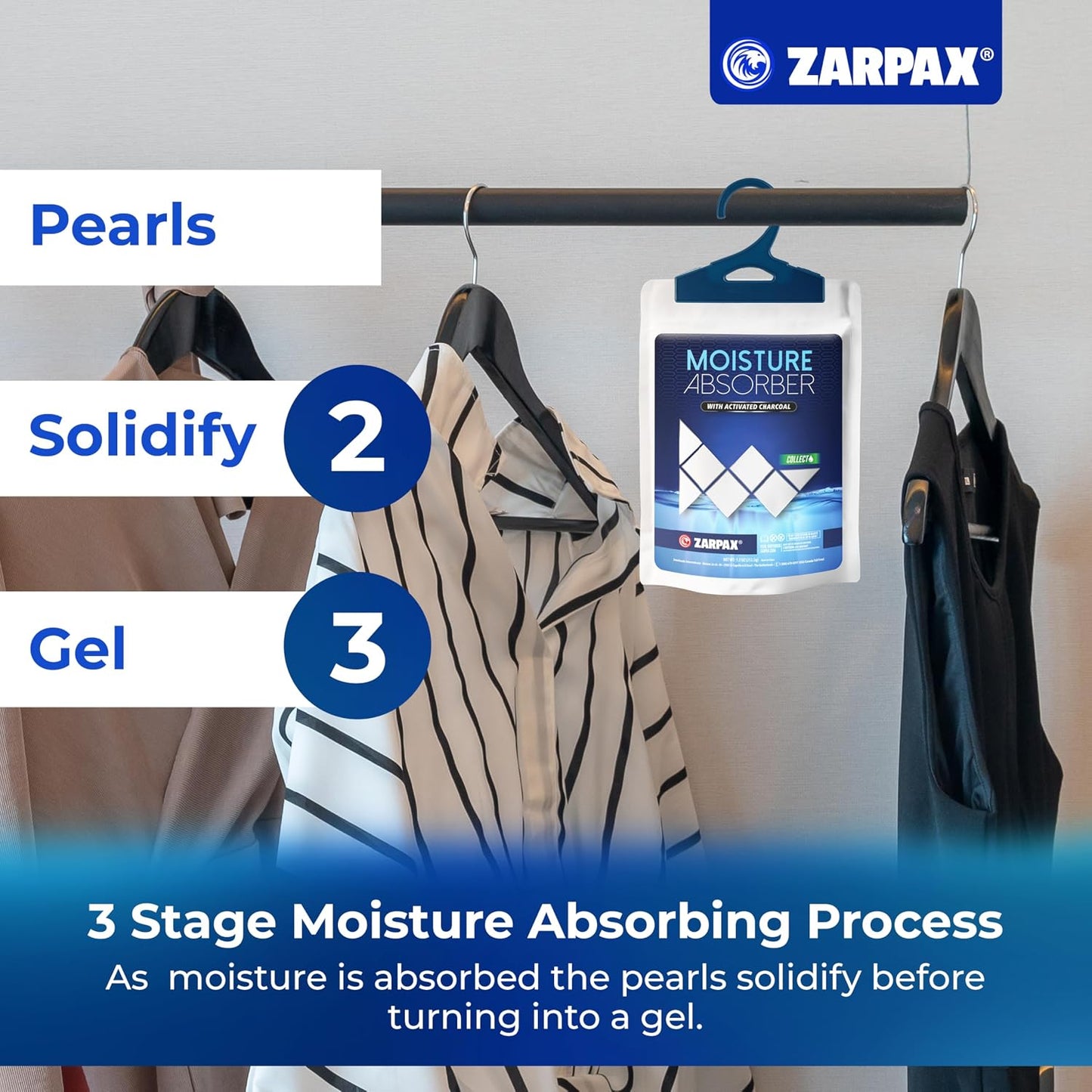 Zarpax Moisture Absorber Sachets Activated Charcoal 7.5 oz/212g - Remove Excess Moisture In Air & Odor - Desiccant Dehumidifier for Closet, Drawer, Storage - Dampness & Humidity Control - Set of 10