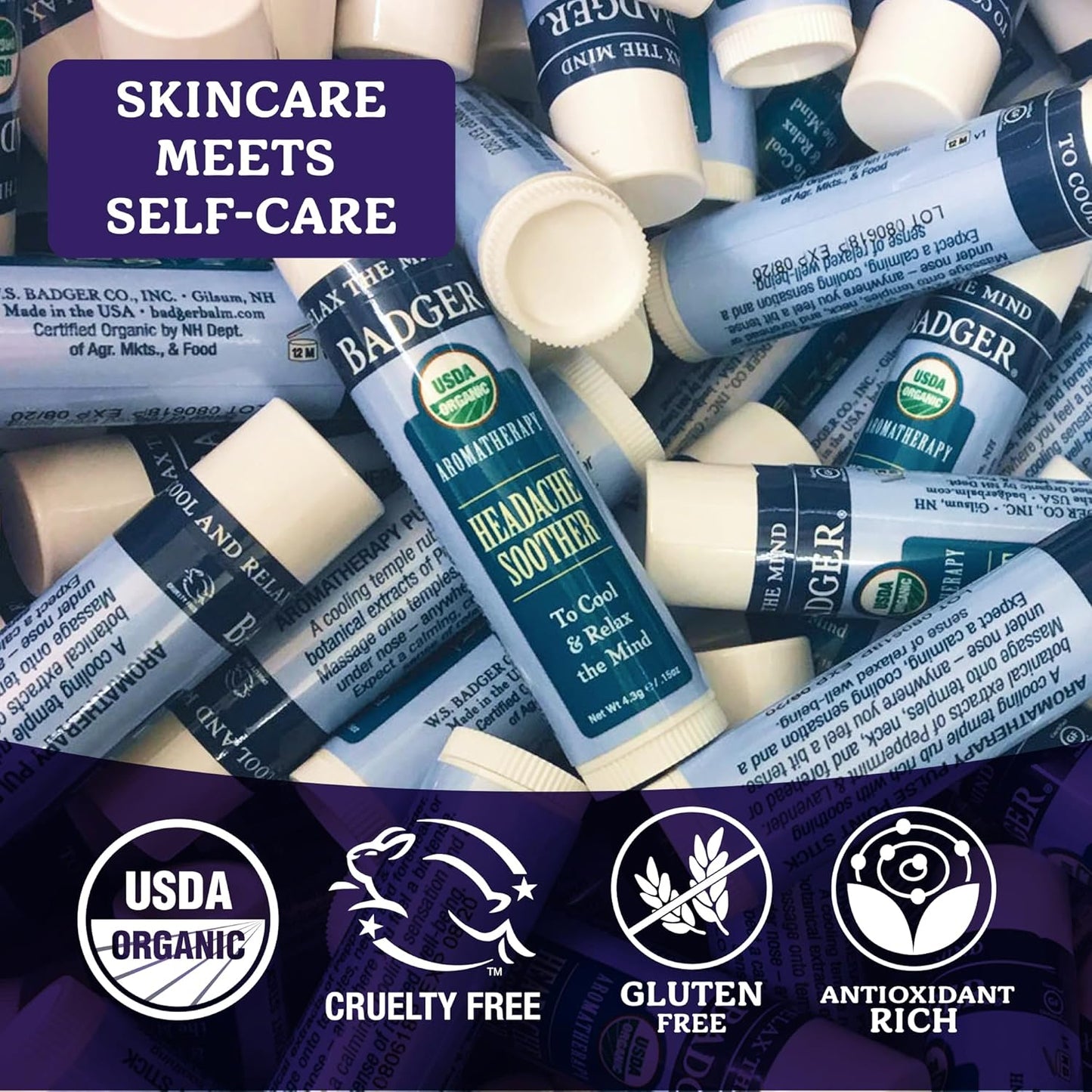Badger Headache Soother, 100% Organic Essential Oil Aromatherapy, All-Natural Headache Relief w/Peppermint, Eucalyptus & Lavender, .6 oz
