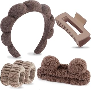 VELSCRUN Spa Headband, Makeup Face Wash Skincare Headbands, 5 Pcs Sponge Get Ready Bear Ears Hairband Facial Wristband Hair Clip Set, Stuff for Teen Girls Women Trendy Hair Accessories Dark Brown