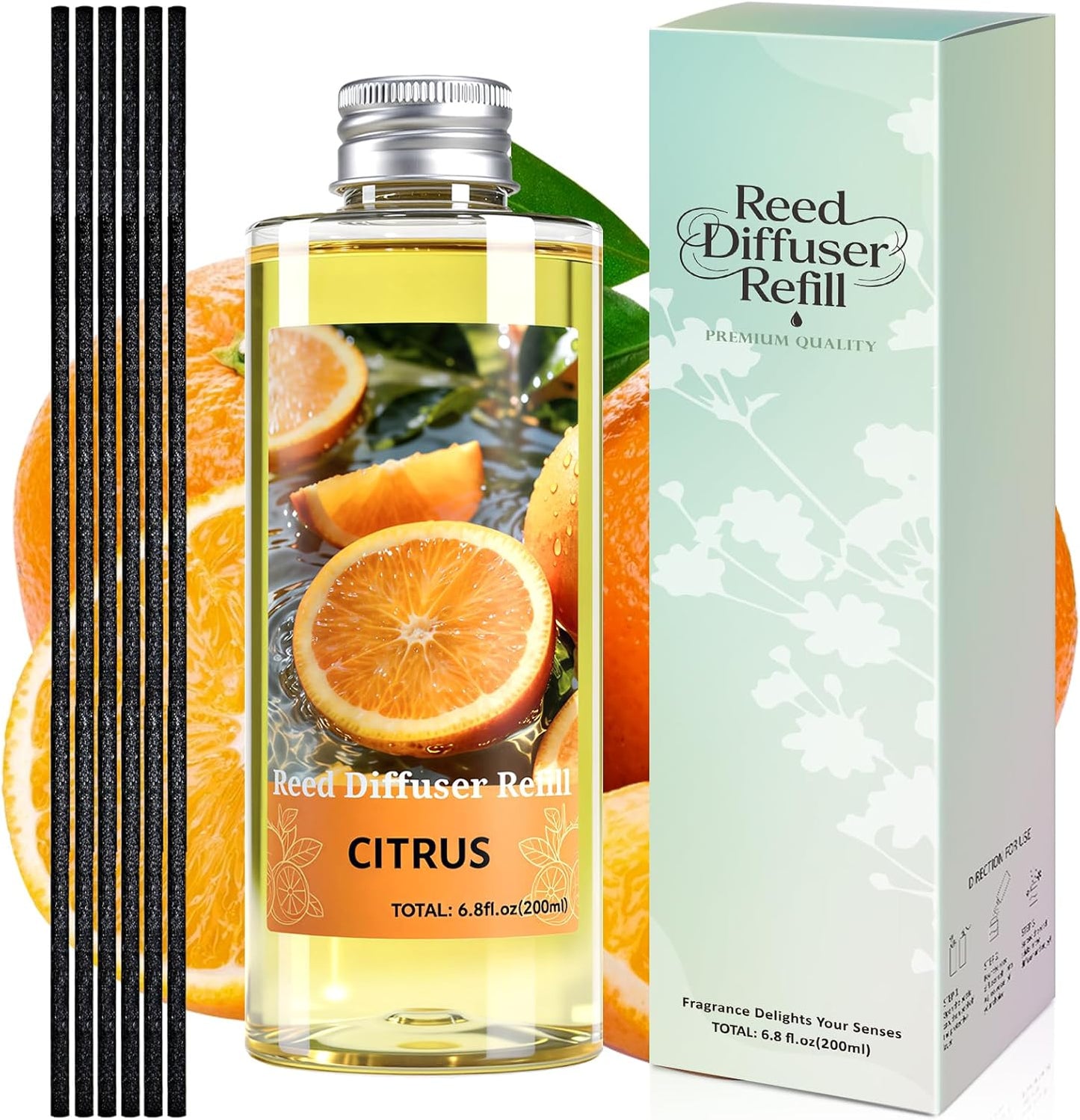 STRN Reed Diffuser Oil Refill, Citrus Scented Diffuser Oil Refills with 6 Reed Sticks 200ML(6.8fl.oz), Room Fresheners for Home, Long-Lasting Summer Fragrance for Living Room, Bedroom, Office