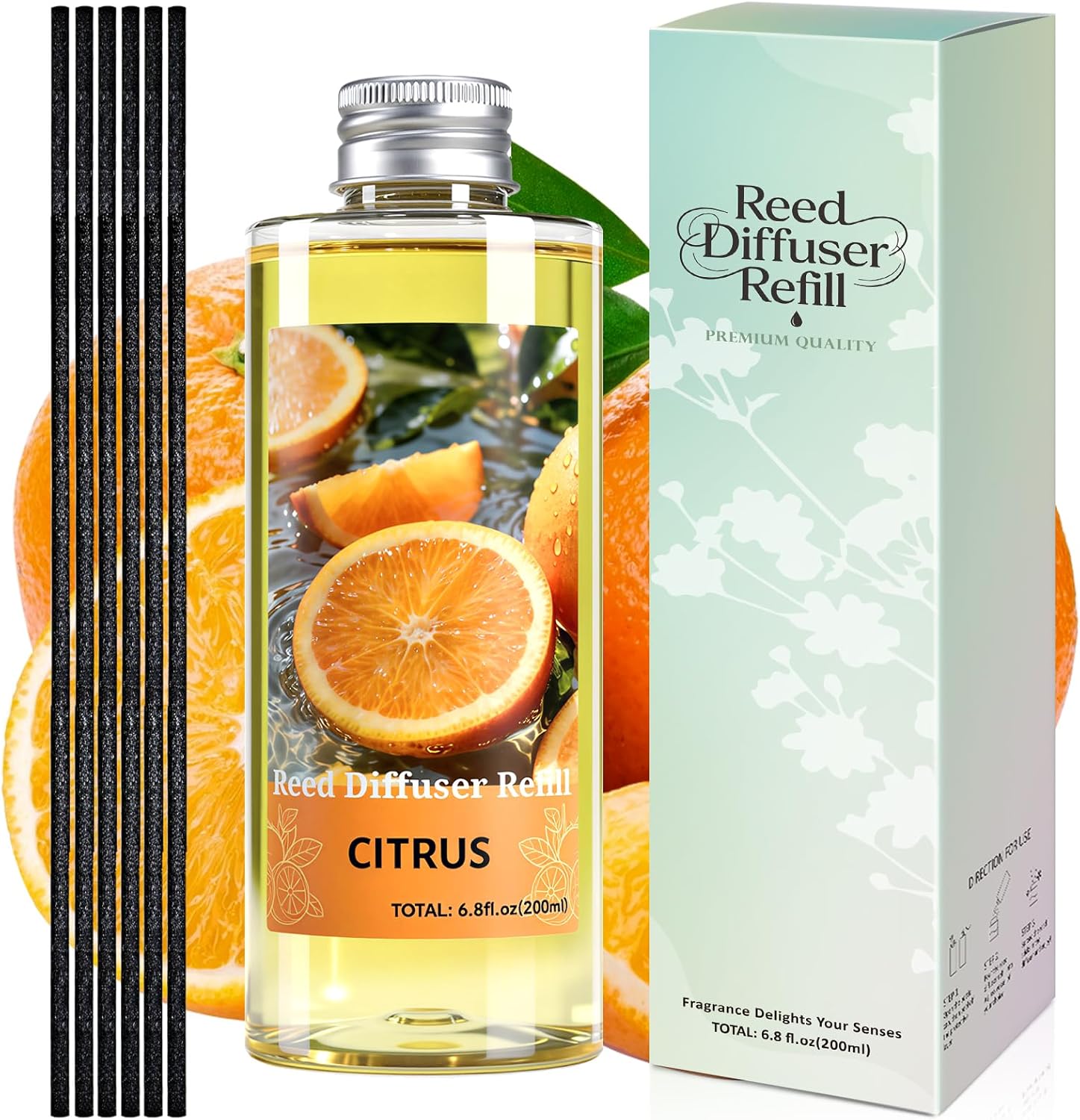 STRN Reed Diffuser Oil Refill, Citrus Scented Diffuser Oil Refills with 6 Reed Sticks 200ML(6.8fl.oz), Room Fresheners for Home, Long-Lasting Summer Fragrance for Living Room, Bedroom, Office