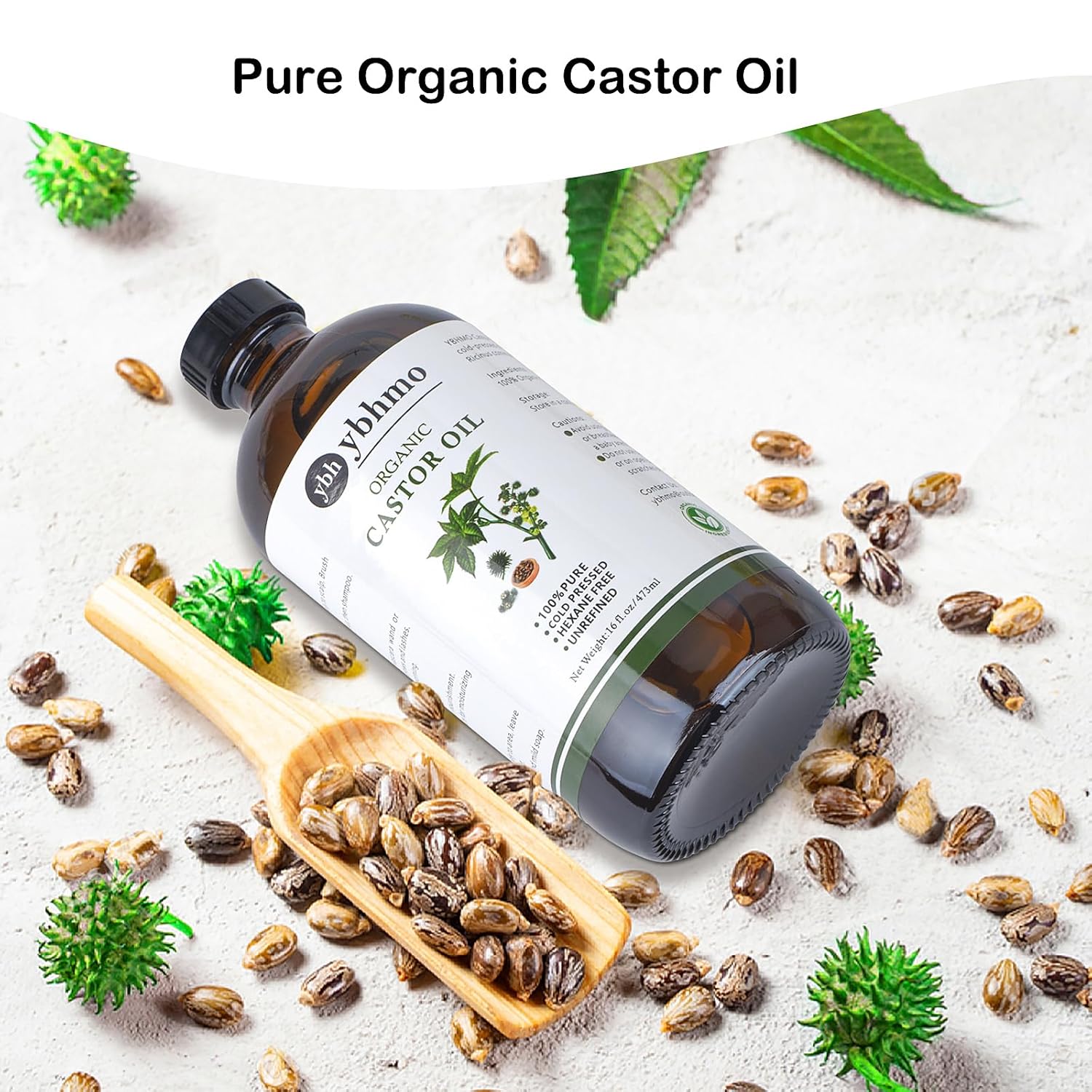 YBHMO Cold Pressed Castor Oil Organic Glass Bottle(16 Fl Oz),100% Pure ，Hexane Free for Hair Growth & Care, Castor oil pack & Moisturize Body Skin