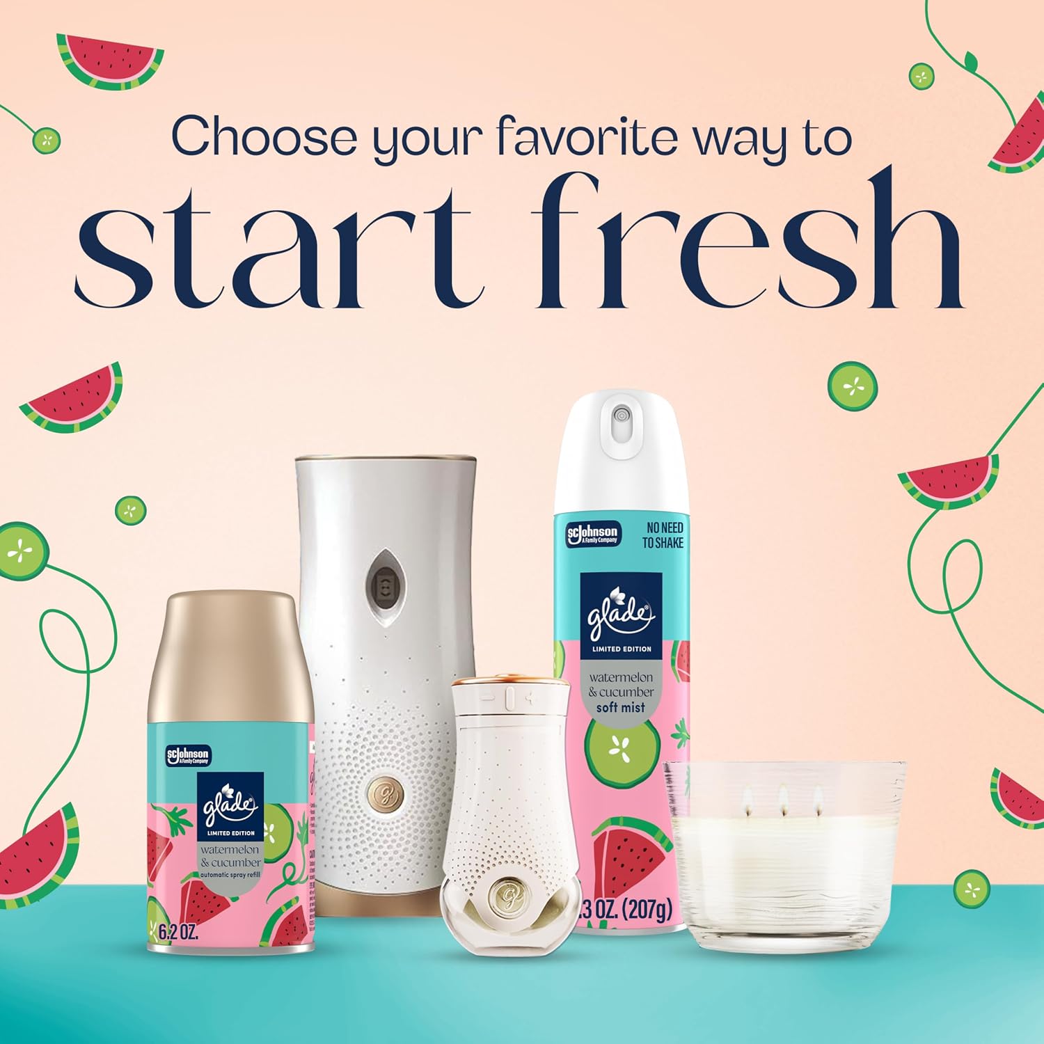 Glade Automatic Spray Refill, Watermelon & Cucumber, Scented Air Freshener for Home and Bathroom, 6.2 Oz