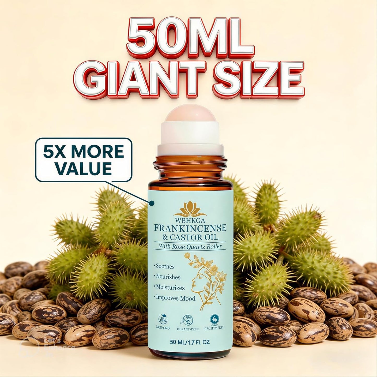 Castor Oil & Frankincense Roll On - Real Red Rose Quartz Eye Roller (Not Plastic) - Pure Cold Pressed Face Serum for Dark Circles, Fine Lines, Wrinkles & Puffiness (50ml / 1.7 fl.oz (1 Pack))