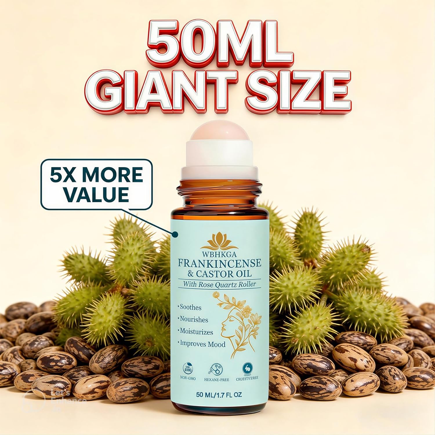 Castor Oil & Frankincense Roll On - Real Red Rose Quartz Eye Roller (Not Plastic) - Pure Cold Pressed Face Serum for Dark Circles, Fine Lines, Wrinkles & Puffiness (50ml / 1.7 fl.oz (1 Pack))